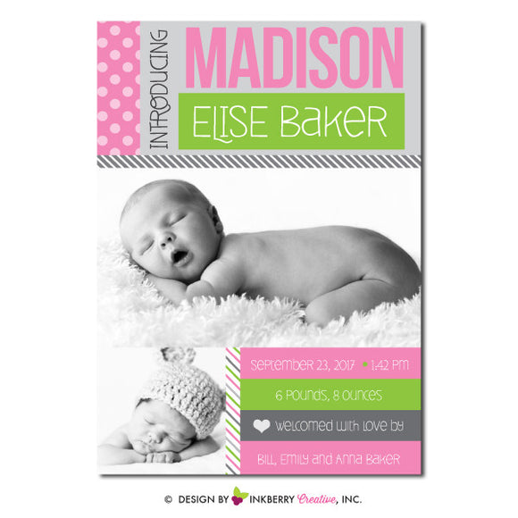 Color Blocks - Baby Girl Photo Birth Announcement - inkberrycards