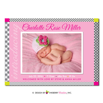 Prints and Patterns - Baby Girl Photo Birth Announcement - inkberrycards