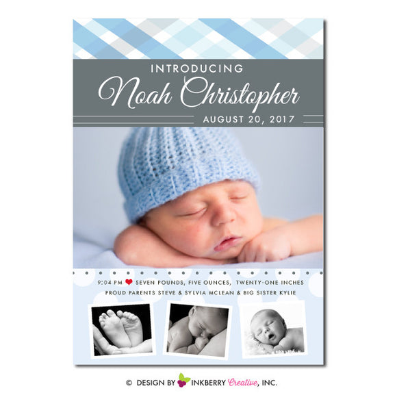 Plaid Bands - Baby Boy Photo Birth Announcement - inkberrycards