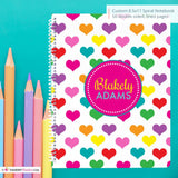 Rainbow Hearts - Girl's Custom, Personalized Spiral Notebook