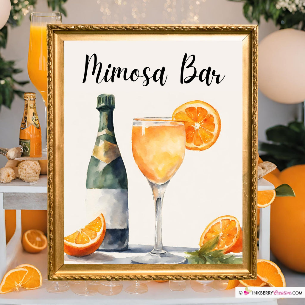 Mimosa Bar Printable Sign, Watercolor, Baby, Wedding, Shower, Party, Champagne,  Brunch, Mimosa Bar Sign 8x10 Instant Download, Digital File