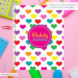 Rainbow Hearts - Girl's Custom, Personalized Spiral Notebook