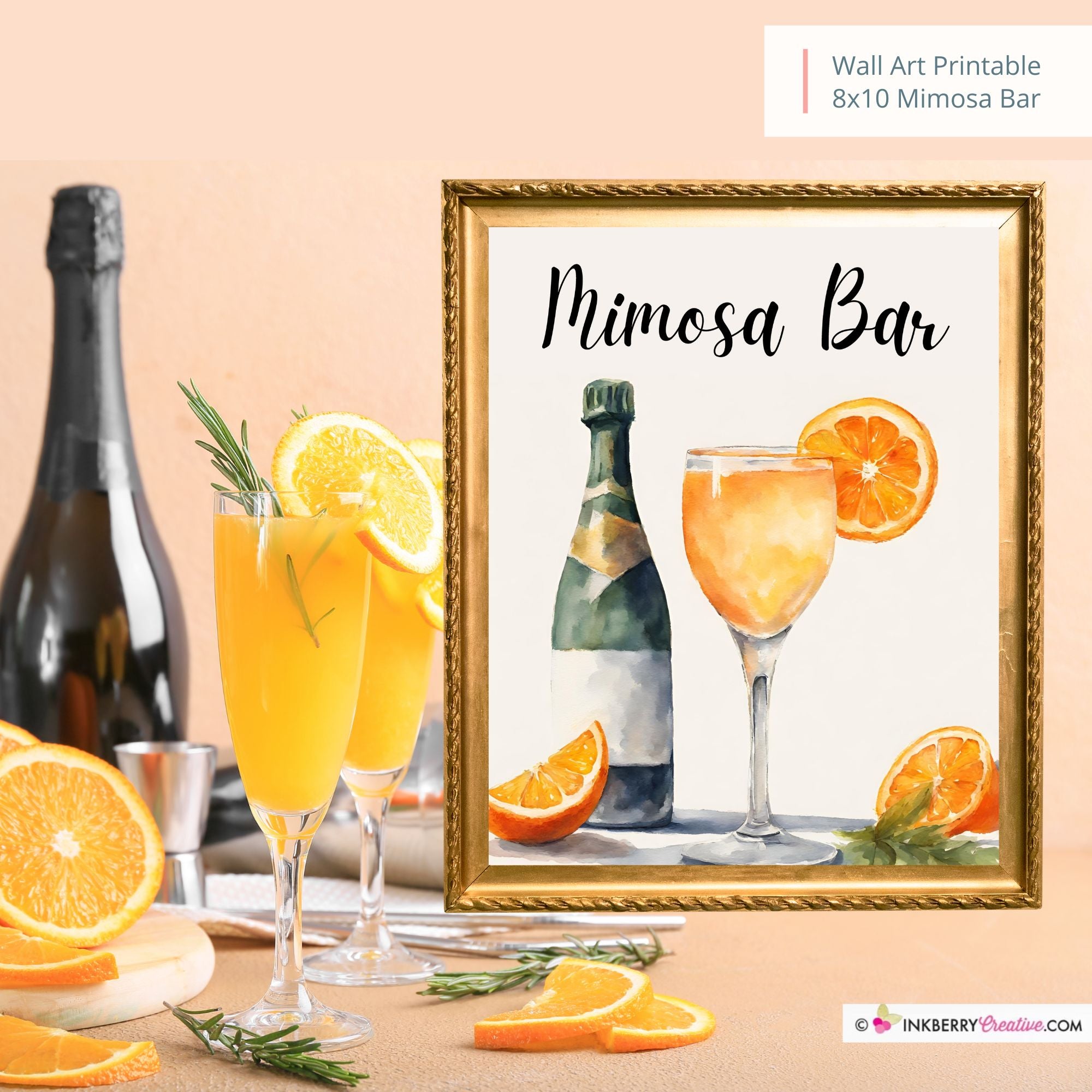 Mimosa Bar Printable Sign, Watercolor, Baby, Wedding, Shower, Party, Champagne,  Brunch, Mimosa Bar Sign 8x10 Instant Download, Digital File