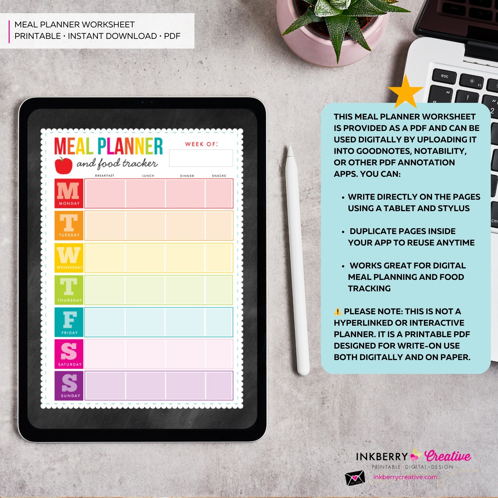 Printable Meal Planner and Food Tracker, Instant Download, PDF, Weekly Meal Planning, Food Tracking, Daily Meals Food Tracker, Food Journal