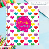 Rainbow Hearts - Girl's Custom, Personalized Spiral Notebook