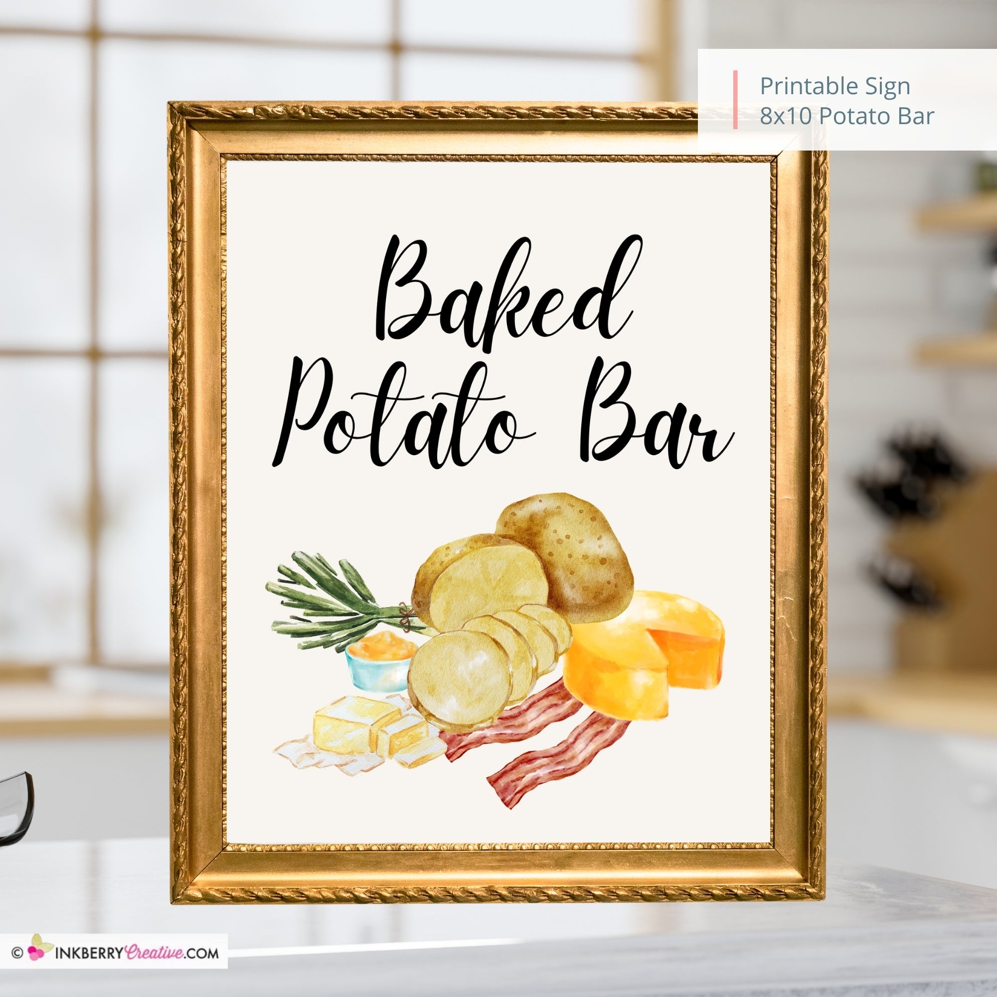Baked Potato Bar Printable Sign, Wedding Sign, Bridal Baby Shower 8x10, PDF, Instant Download, Potato Bar Bar Print, Digital File