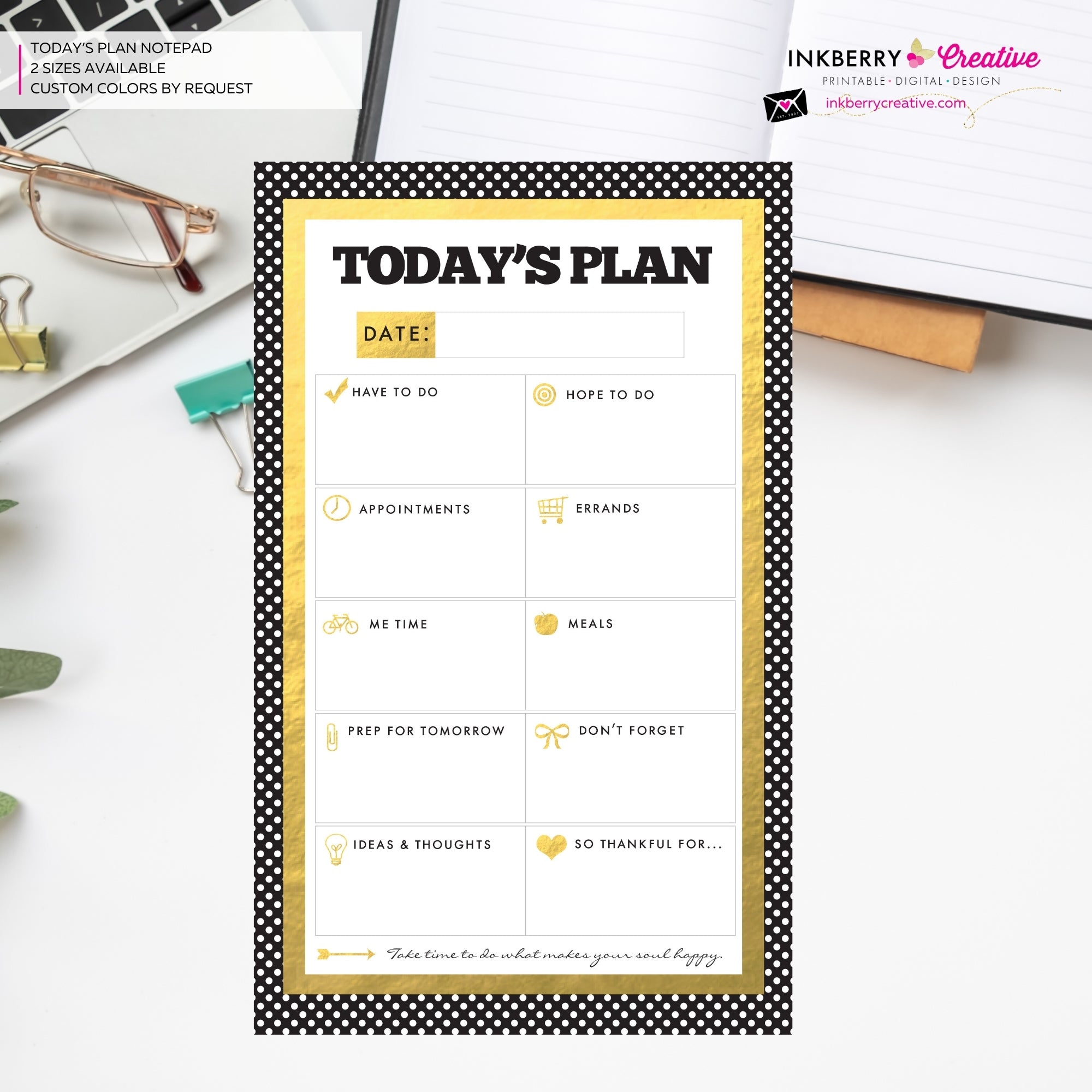 To Do List Notepad - Daily Planner Notepad - Gold, Black and White Dot