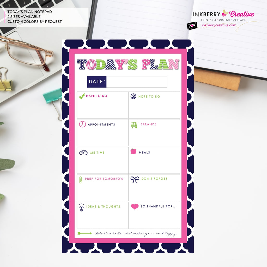 To Do List Notepad - Daily Planner Notepad - Preppy Patterns (Navy, Pink and Green)