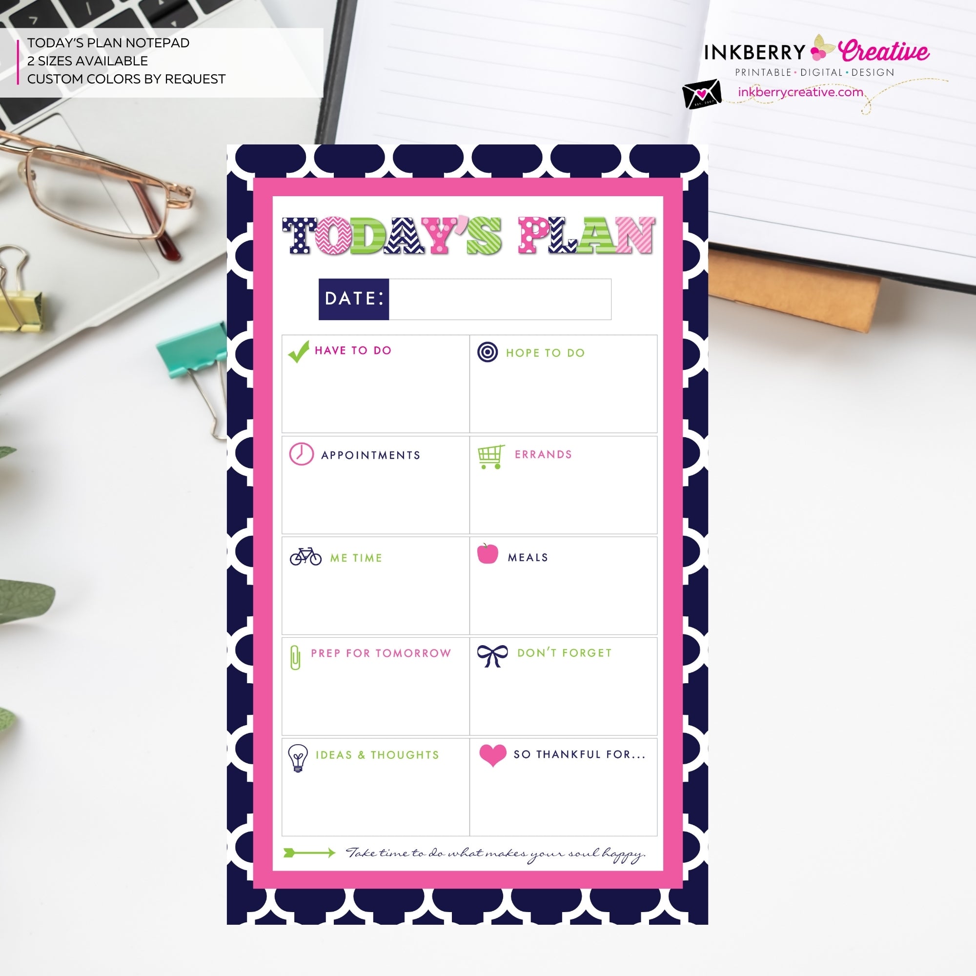 To Do List Notepad - Daily Planner Notepad - Preppy Patterns (Navy, Pink and Green)