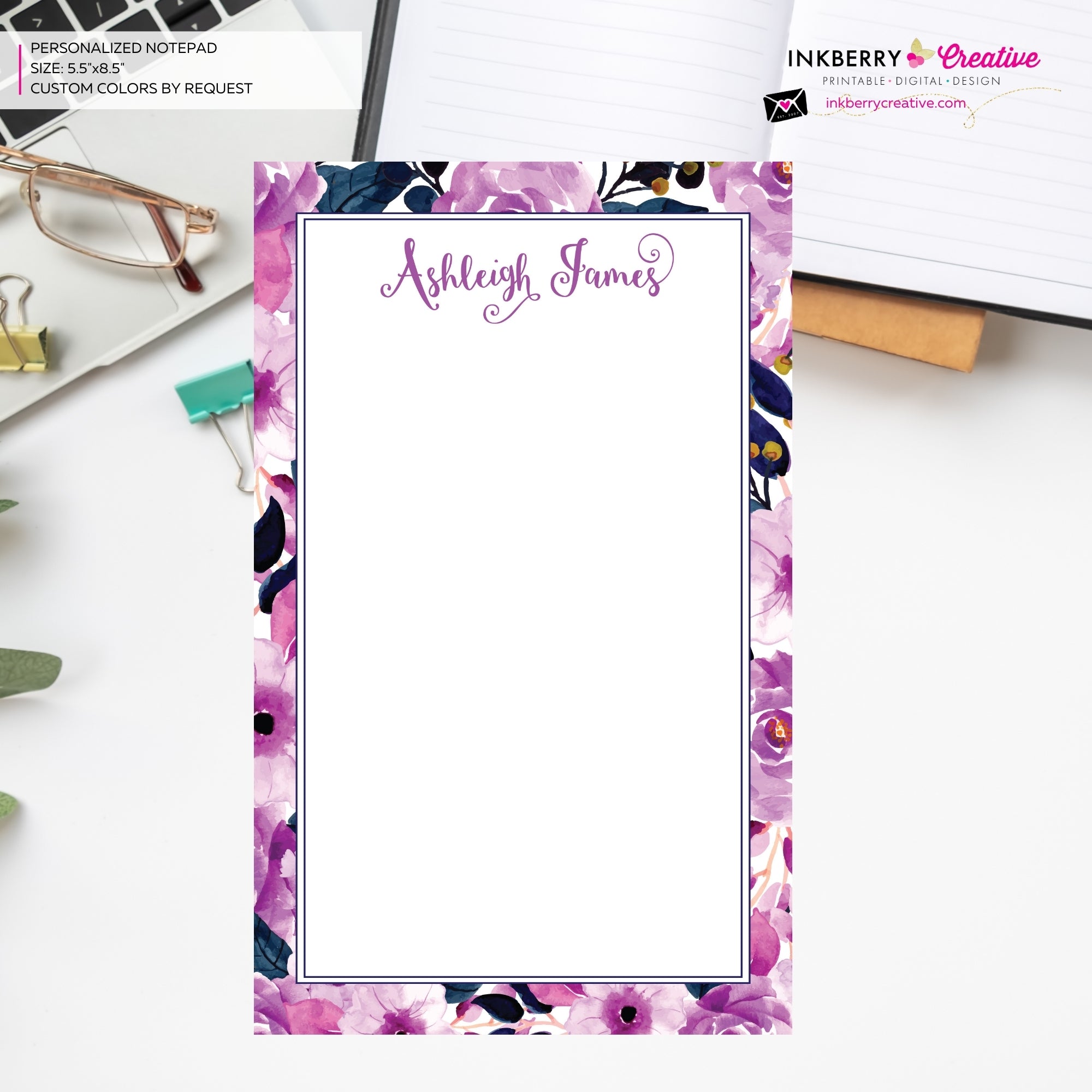 Personalized Notepad - Purple Navy Floral