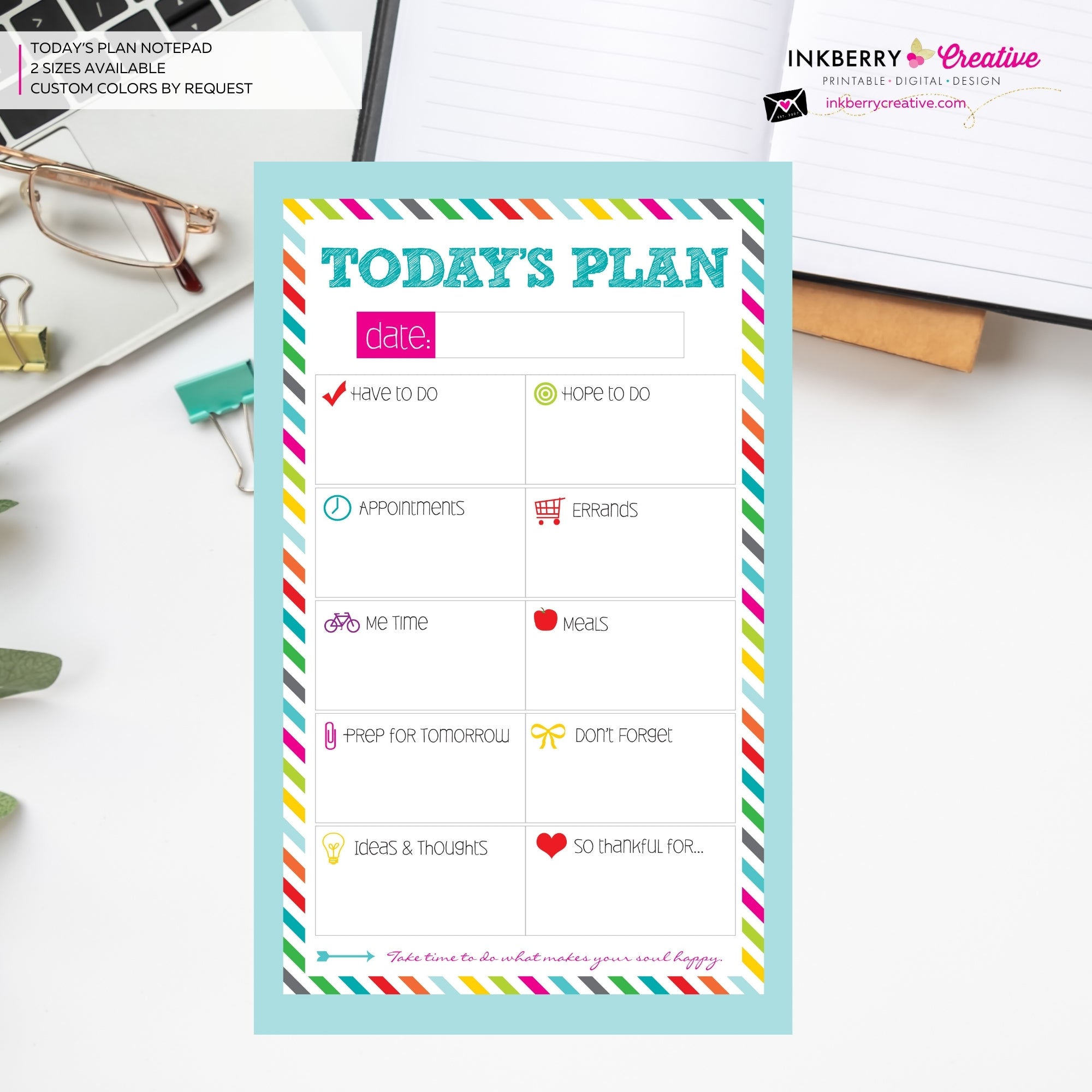 To Do List Notepad - Today's Plan - Premium Daily Planner Notepad - Aqua Rainbow Stripe
