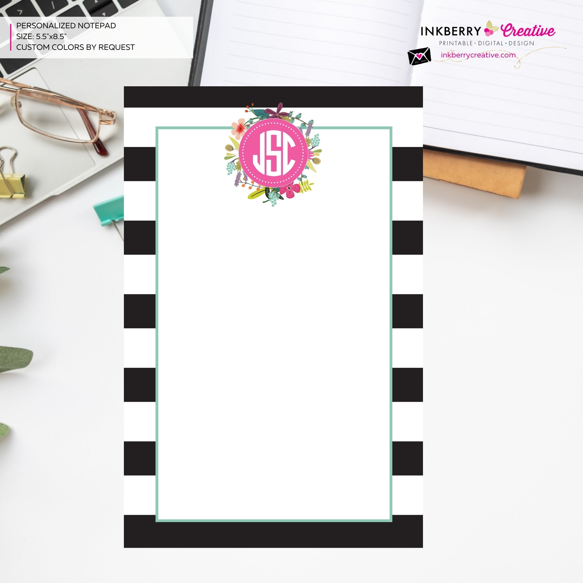Personalized Notepad - Black and White Striped Floral