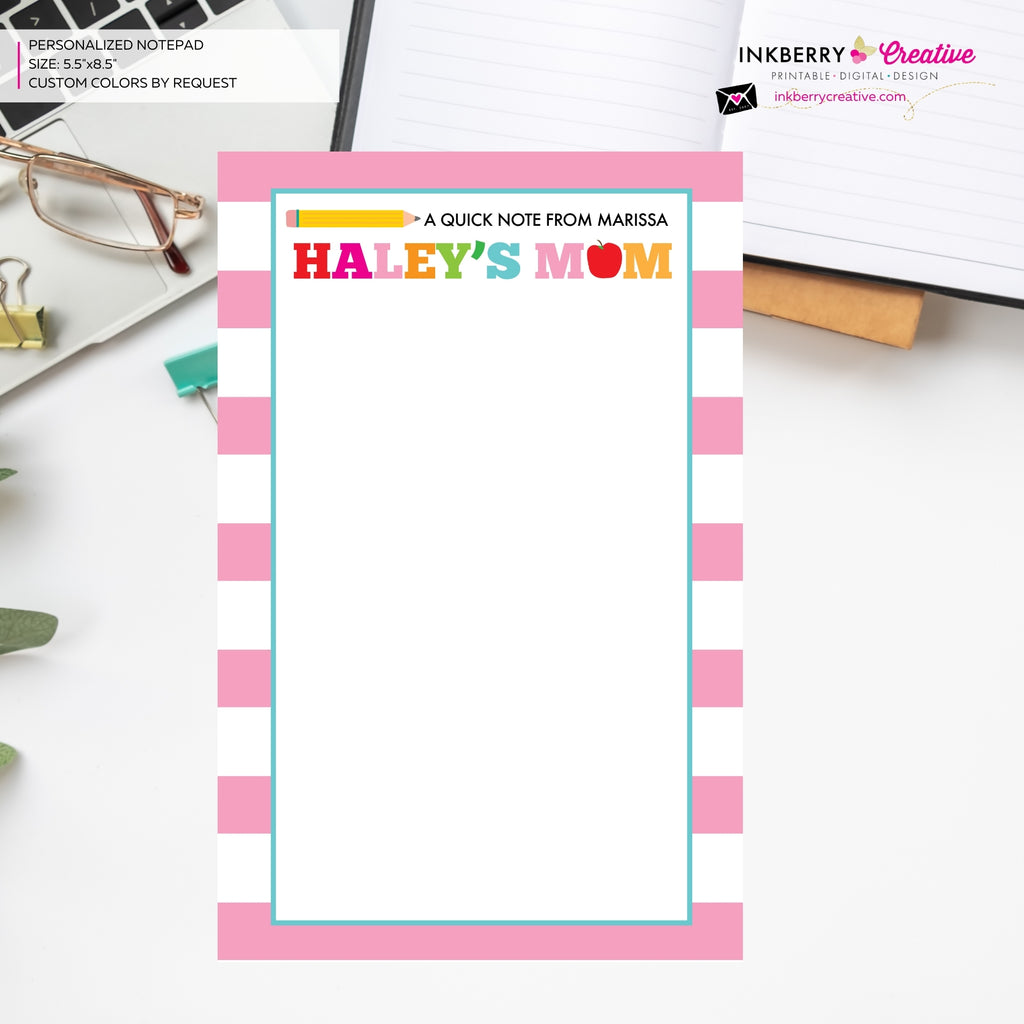 Personalized Parent Teacher School Notepad - Pink Stripe