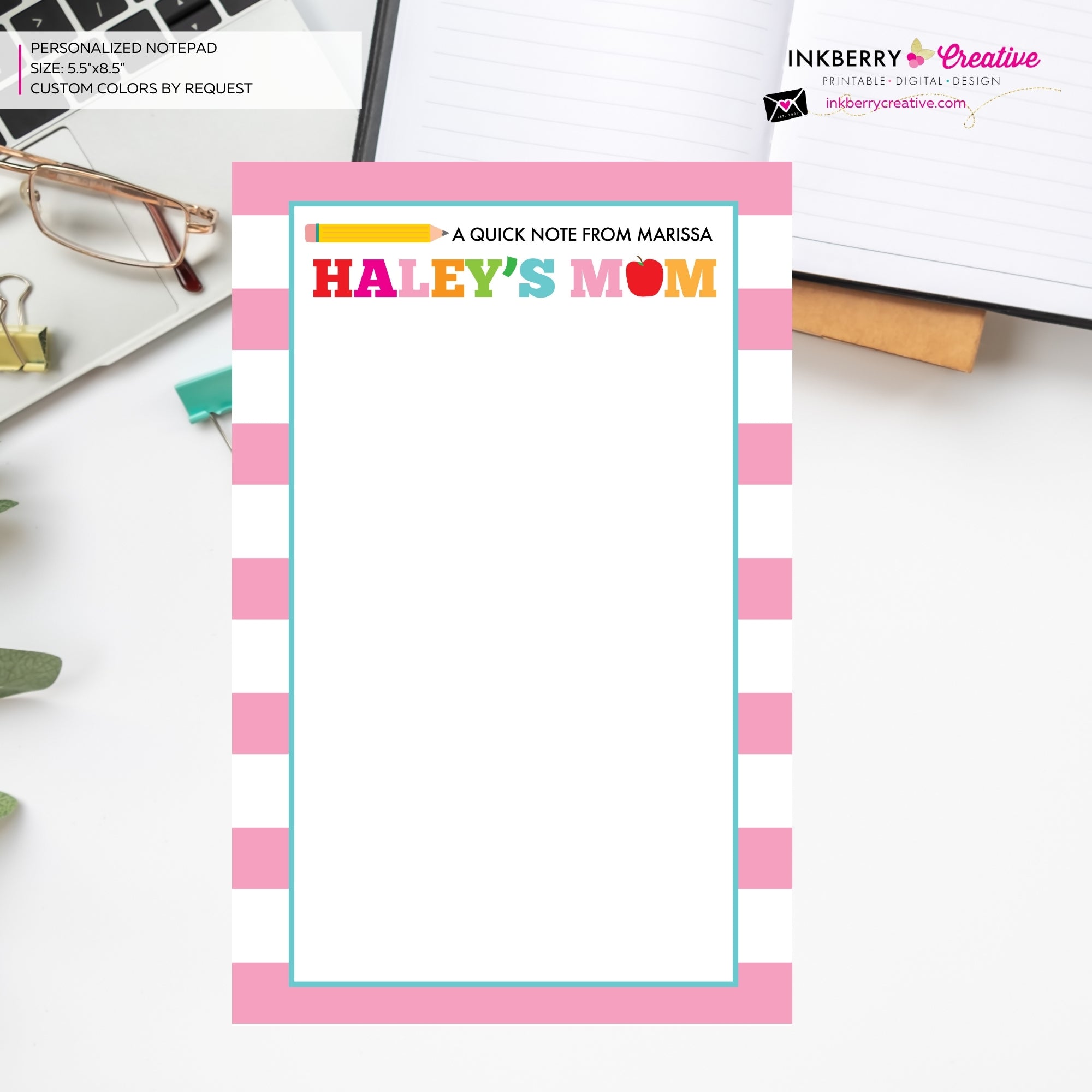 Personalized Parent Teacher School Notepad - Pink Stripe