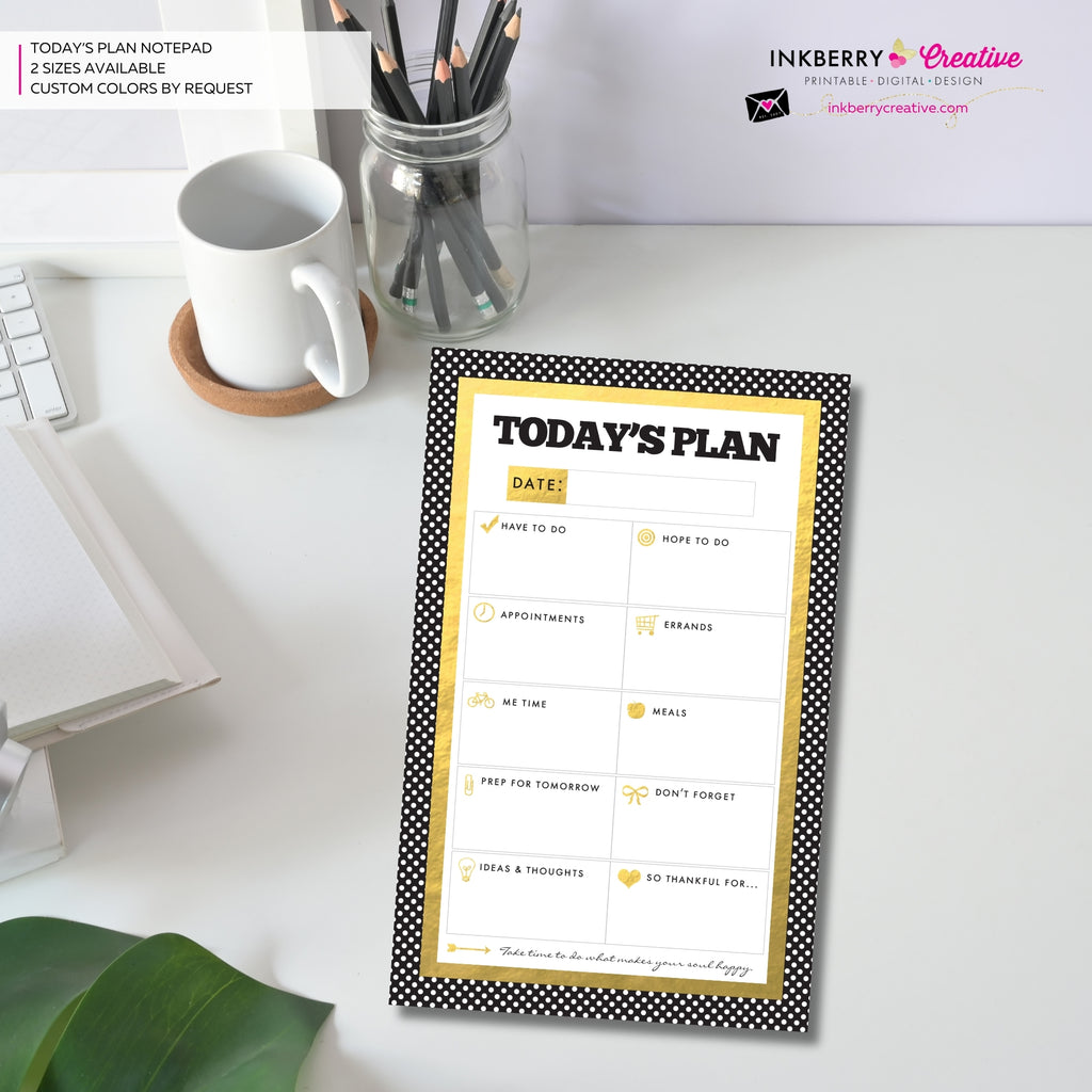 To Do List Notepad - Daily Planner Notepad - Gold, Black and White Dot
