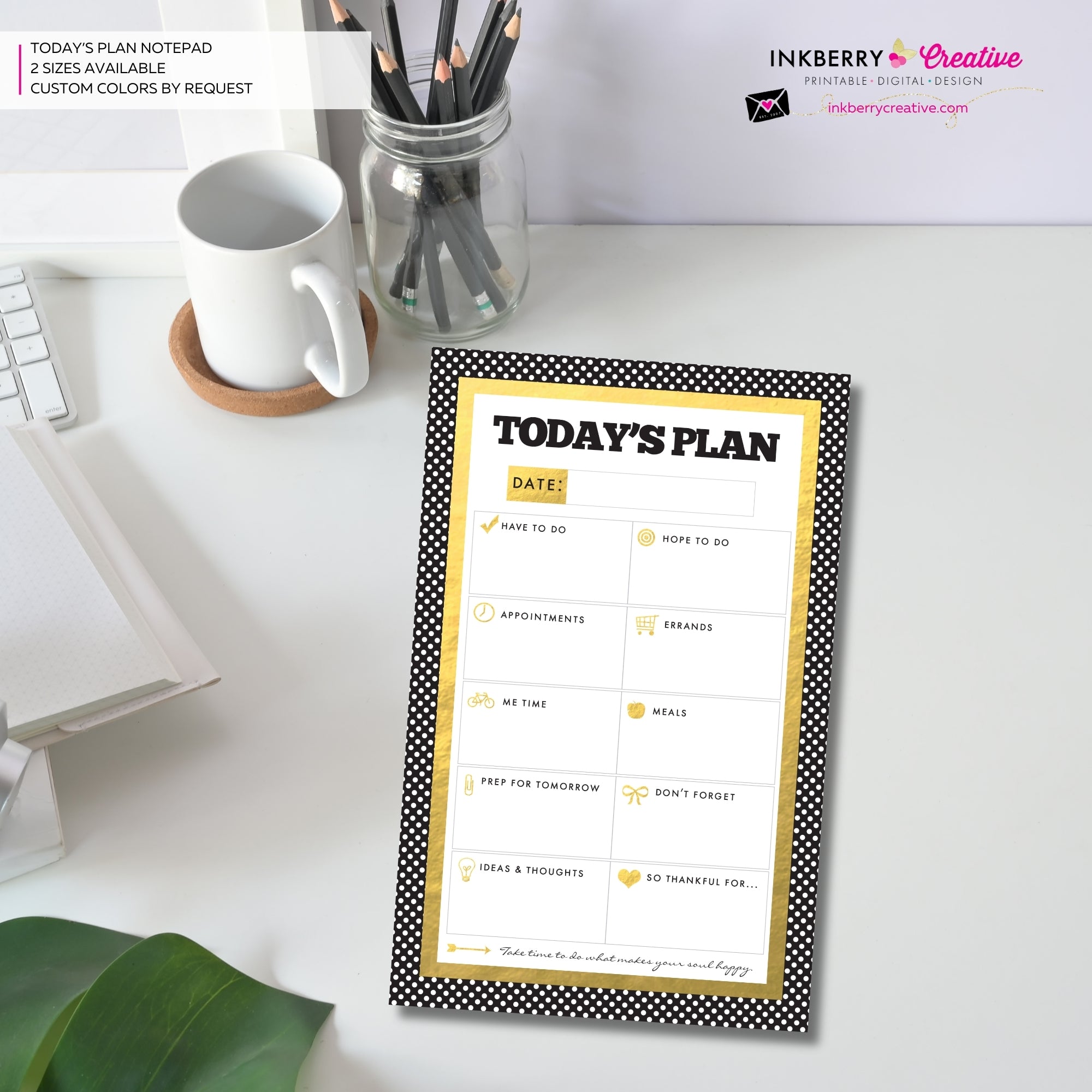 To Do List Notepad - Daily Planner Notepad - Gold, Black and White Dot