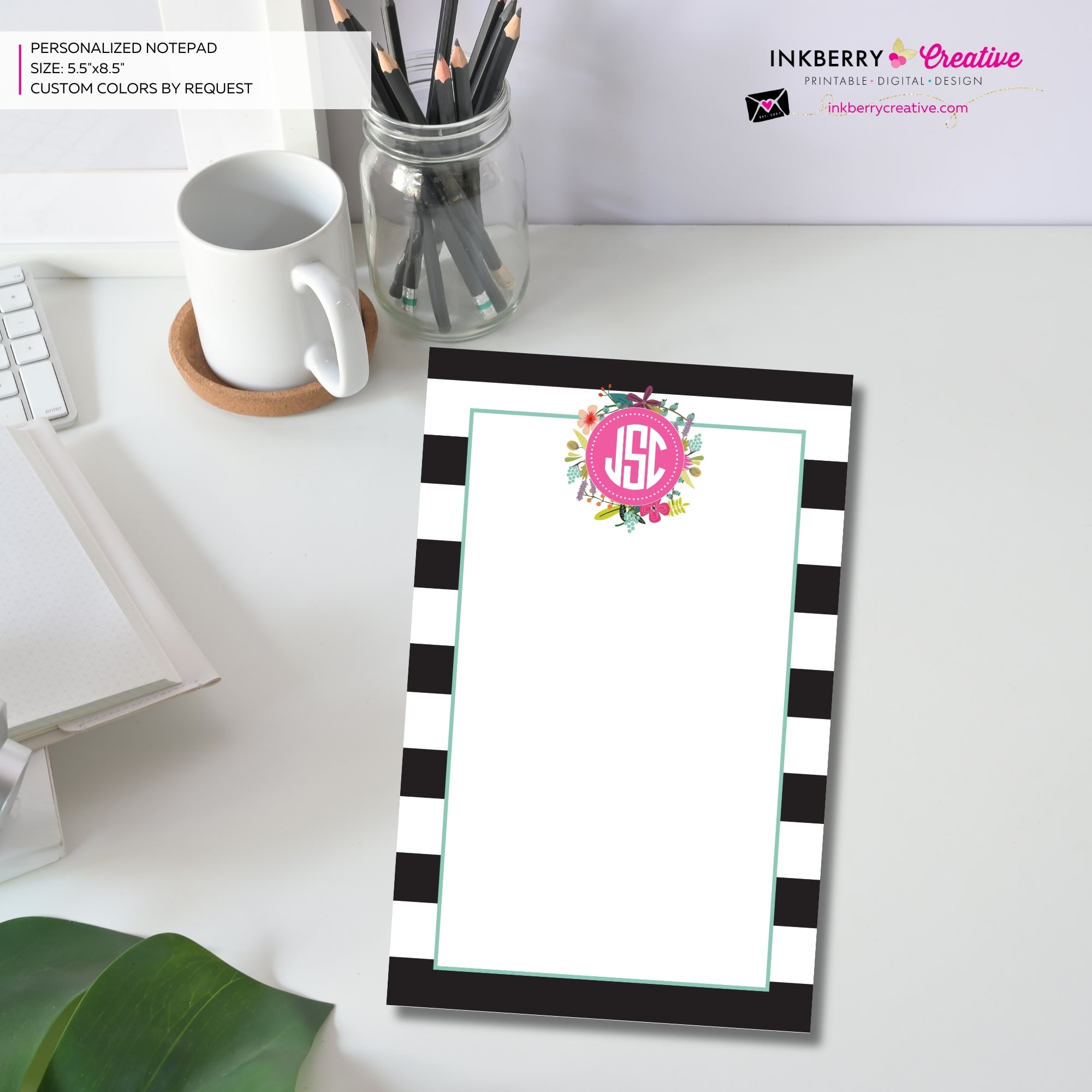 Personalized Notepad - Black and White Striped Floral