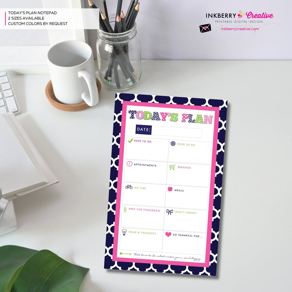 To Do List Notepad - Daily Planner Notepad - Preppy Patterns (Navy, Pink and Green)