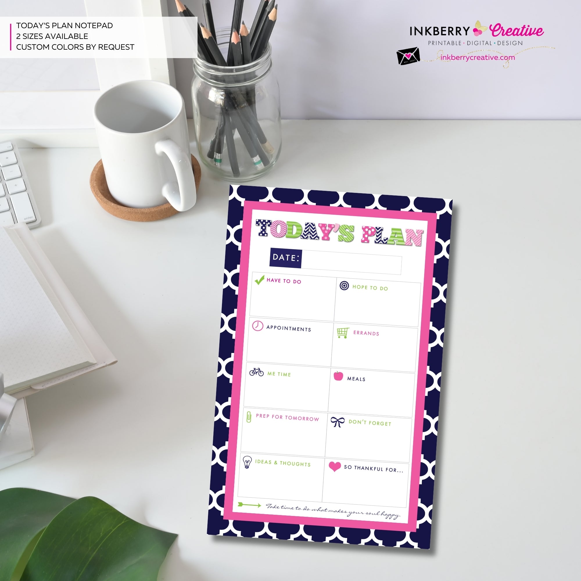 To Do List Notepad - Daily Planner Notepad - Preppy Patterns (Navy, Pink and Green)