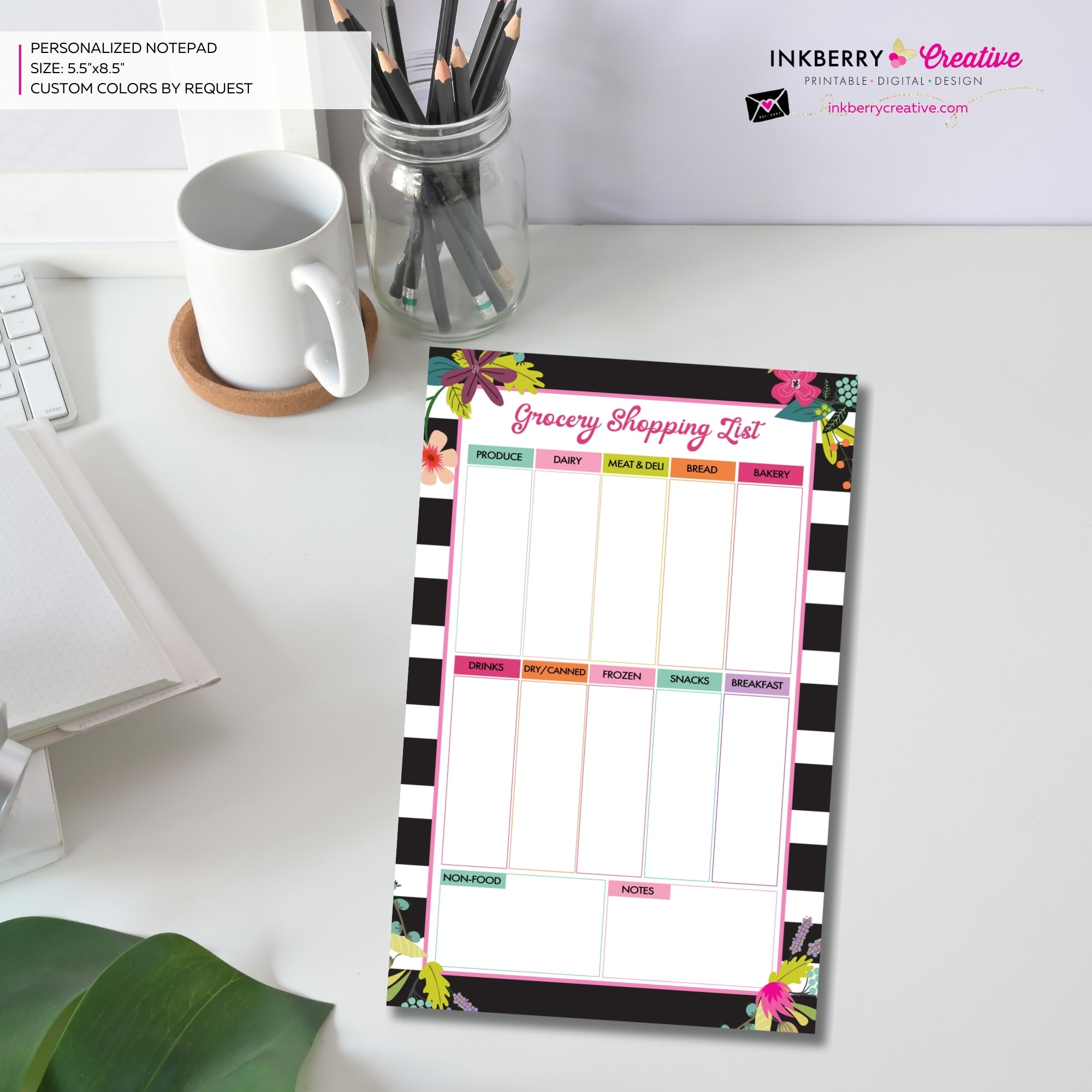 Grocery Shopping List Notepad - Black and White Striped Floral