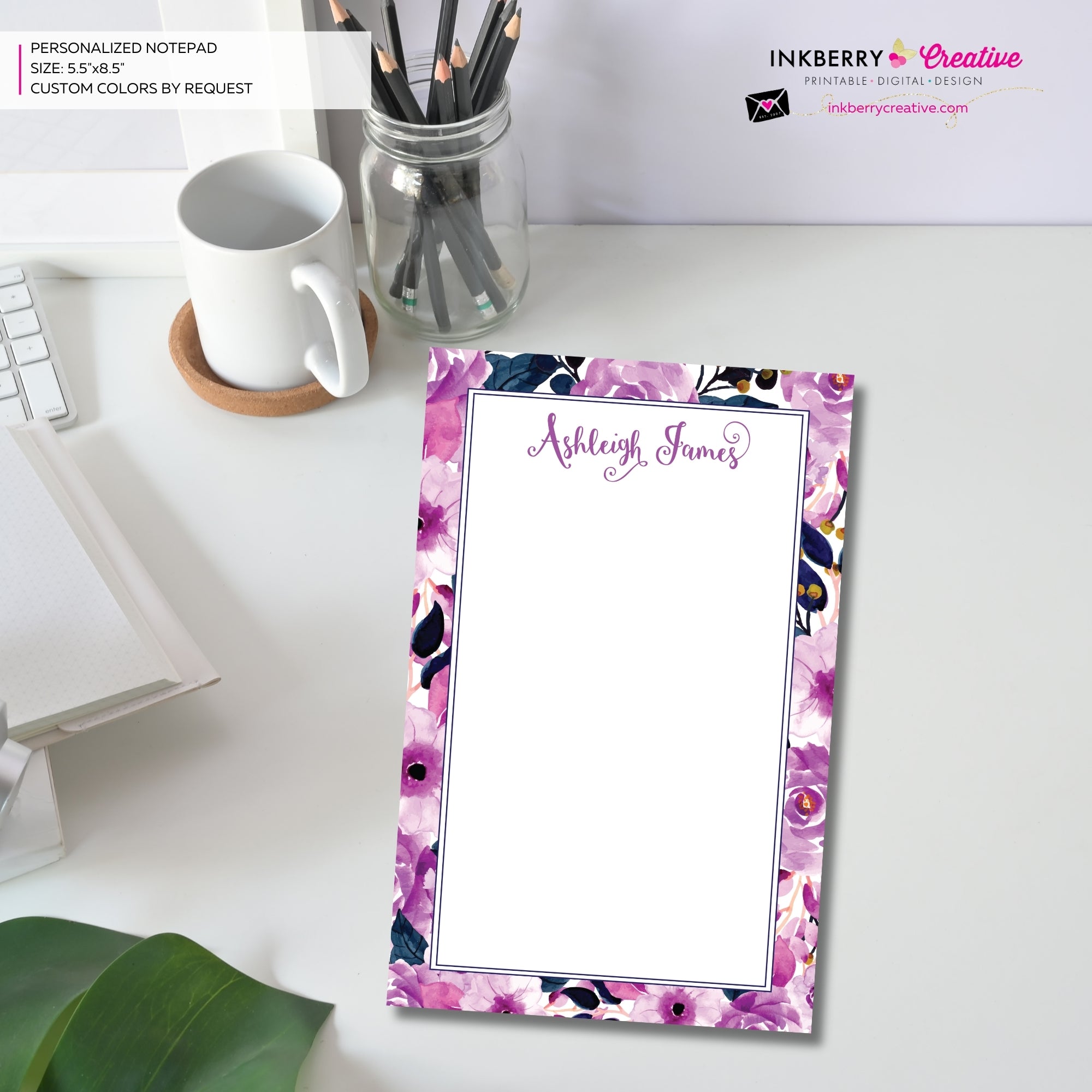 Personalized Notepad - Purple Navy Floral