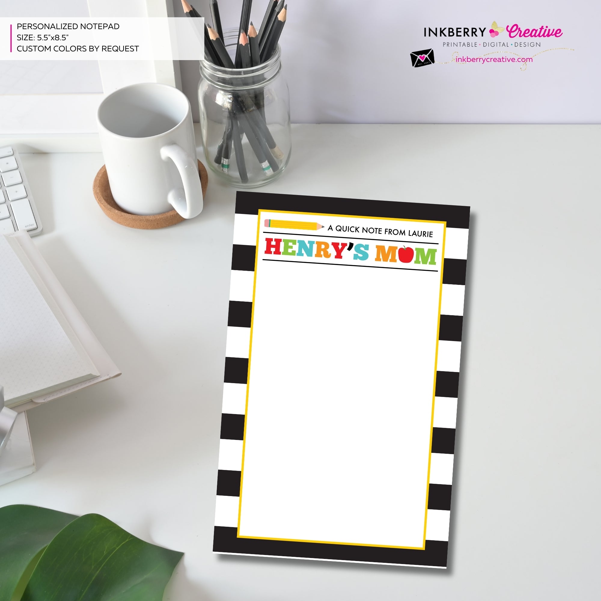 Personalized Parent Teacher School Notepad - Black and White Stripe