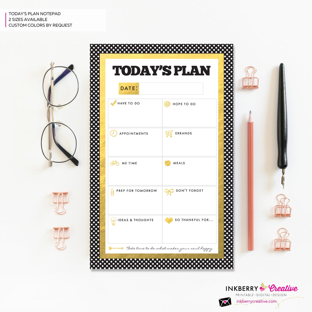 To Do List Notepad - Daily Planner Notepad - Gold, Black and White Dot