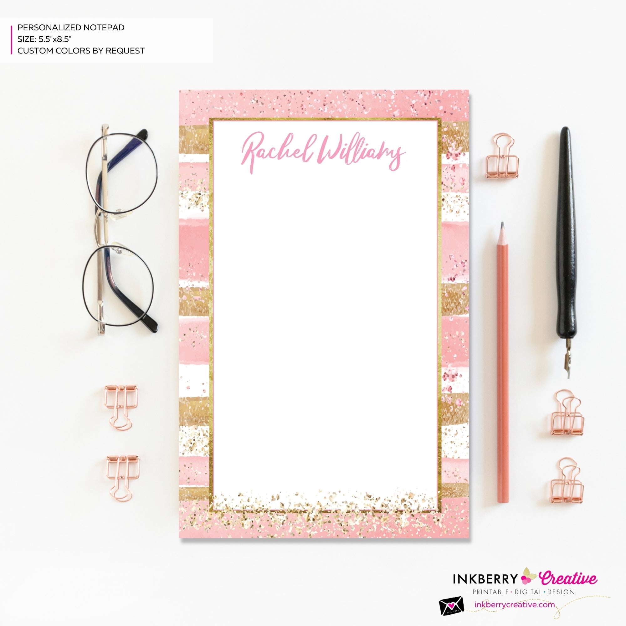 Personalized Notepad - Pink Gold Glitter Stripe - Customized with name, monogram, or colors