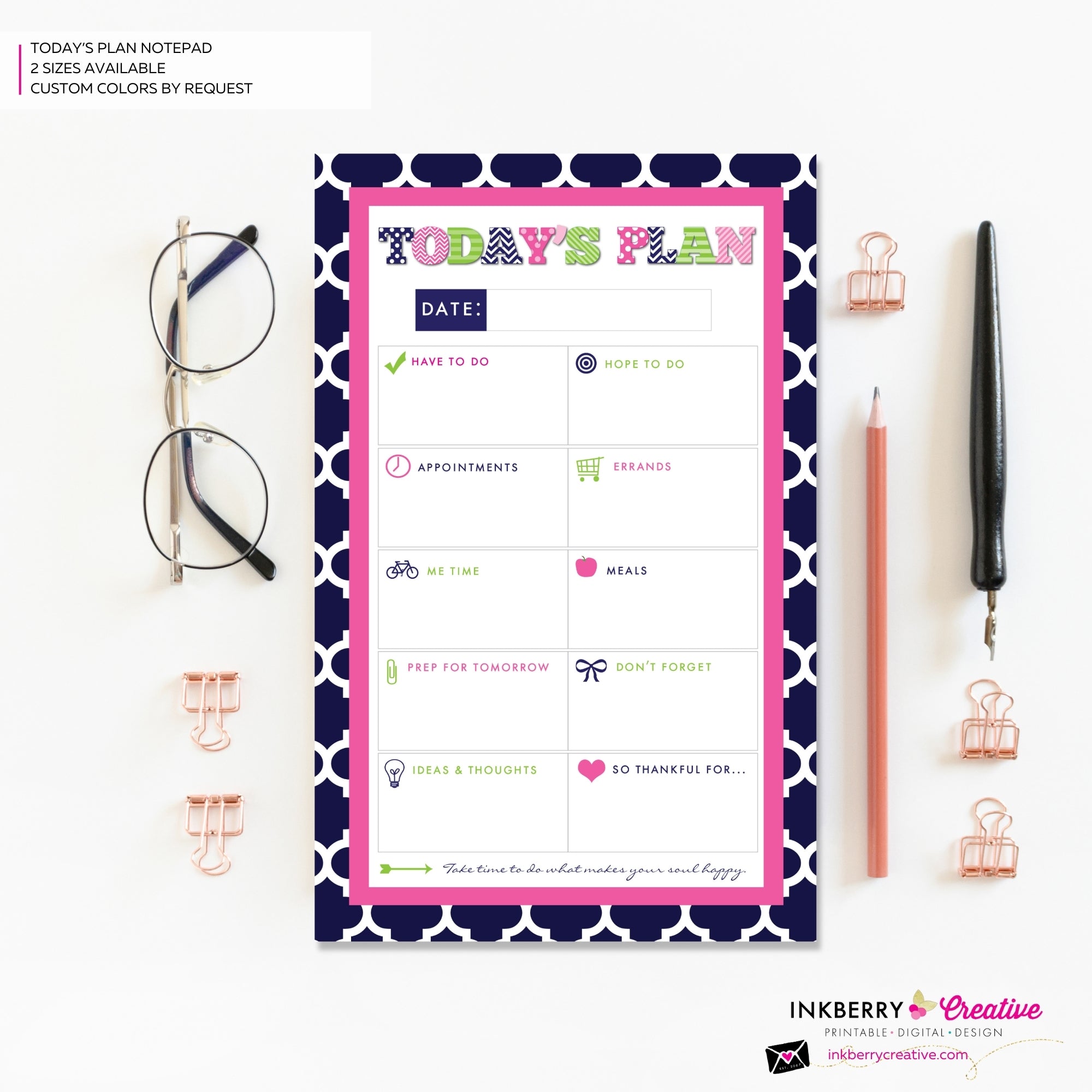 To Do List Notepad - Daily Planner Notepad - Preppy Patterns (Navy, Pink and Green)