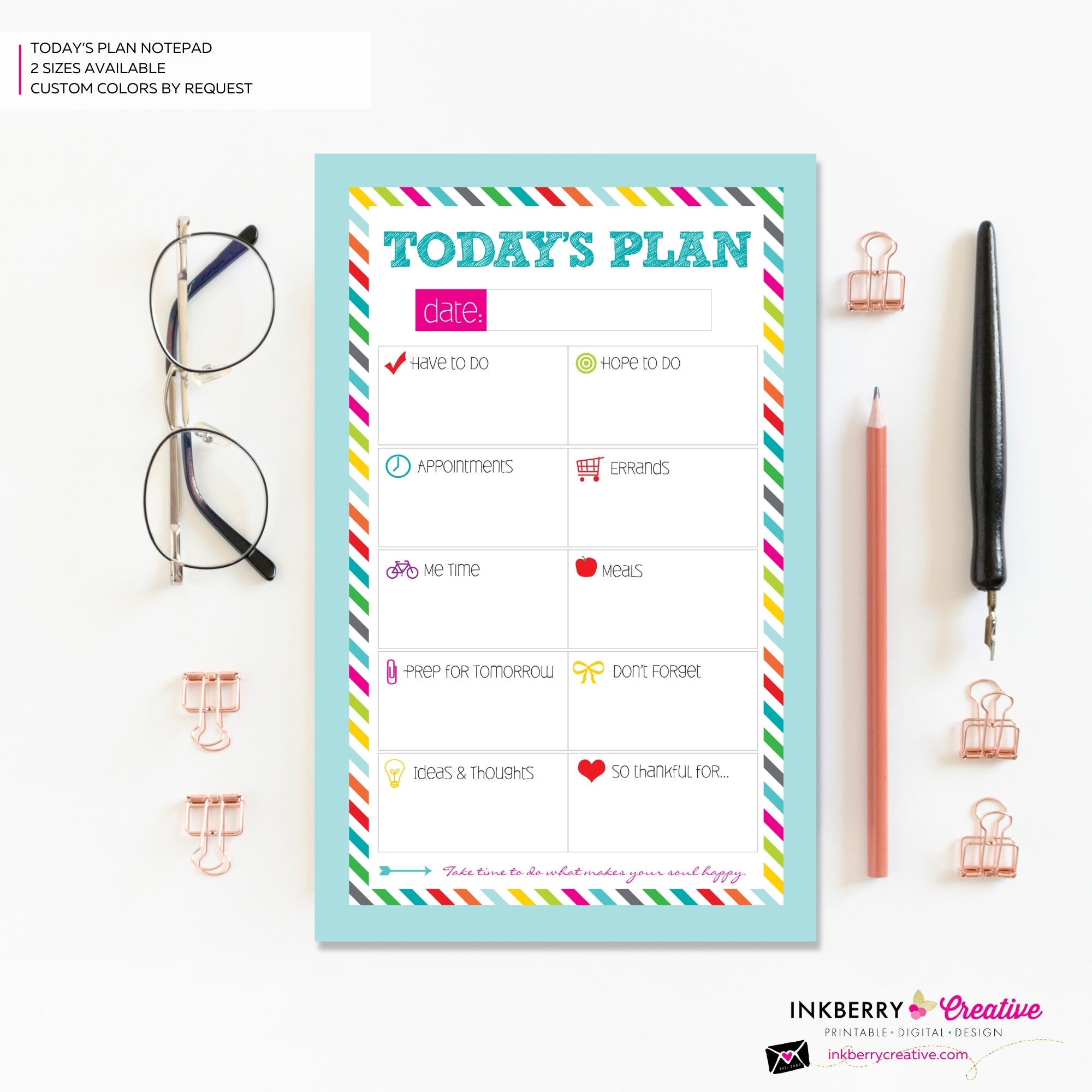 To Do List Notepad - Today's Plan - Premium Daily Planner Notepad - Aqua Rainbow Stripe