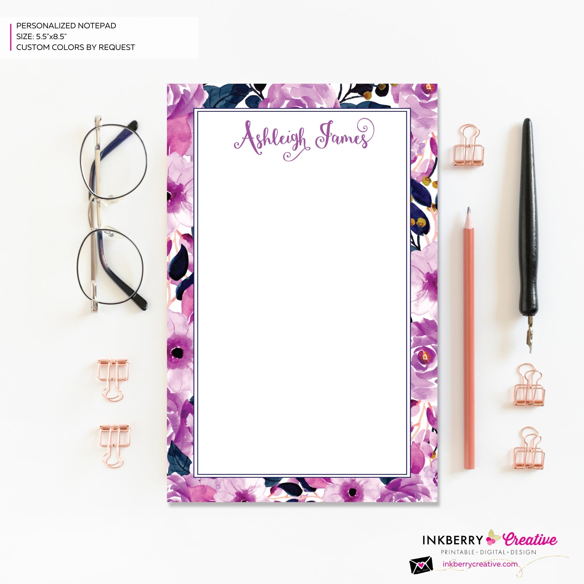 Personalized Notepad - Purple Navy Floral