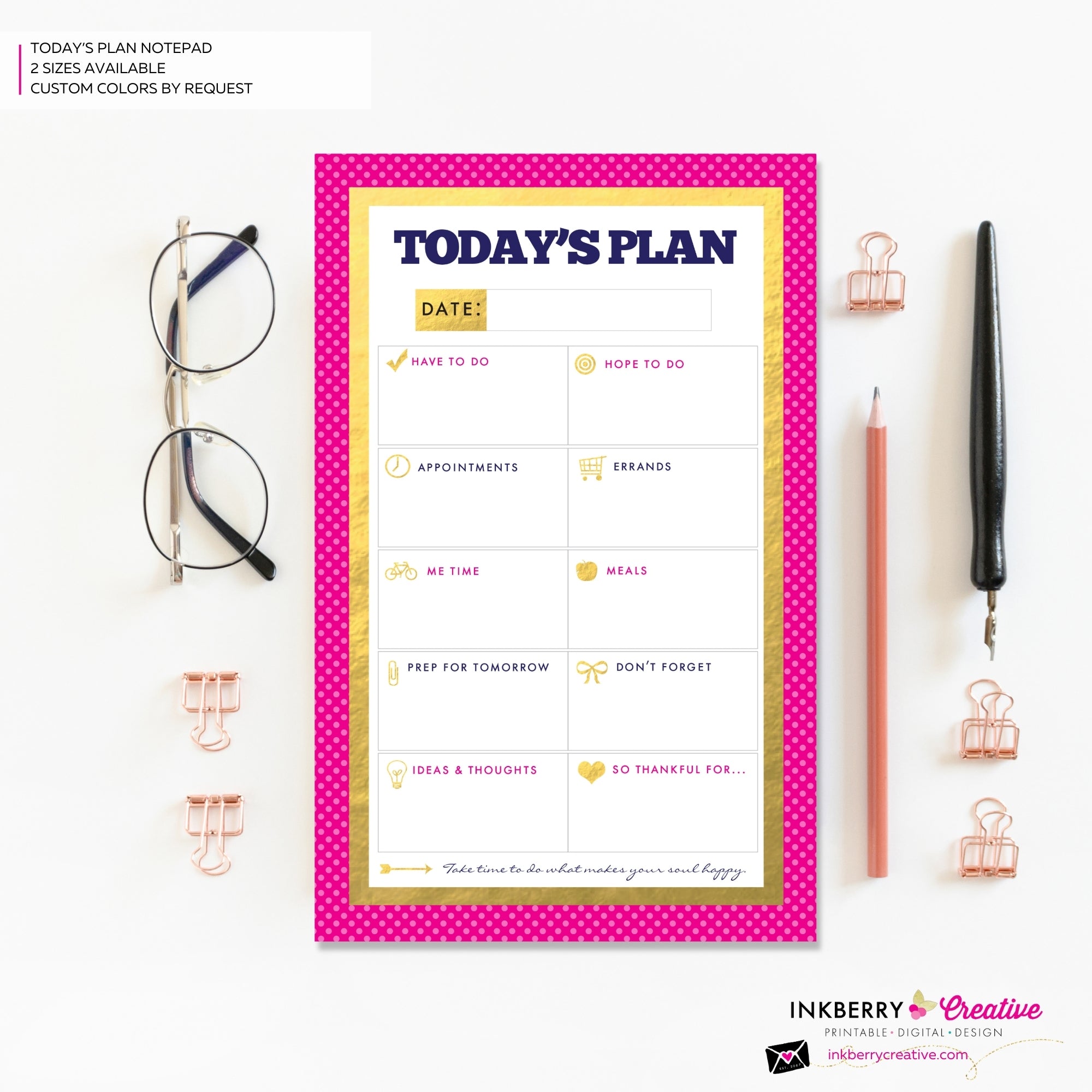 To Do List Notepad - Daily Planner Notepad - Gold, Pink and Navy
