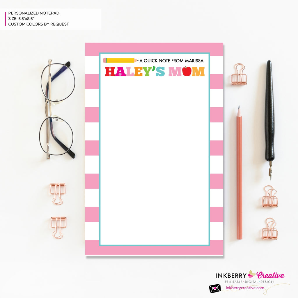 Personalized Parent Teacher School Notepad - Pink Stripe