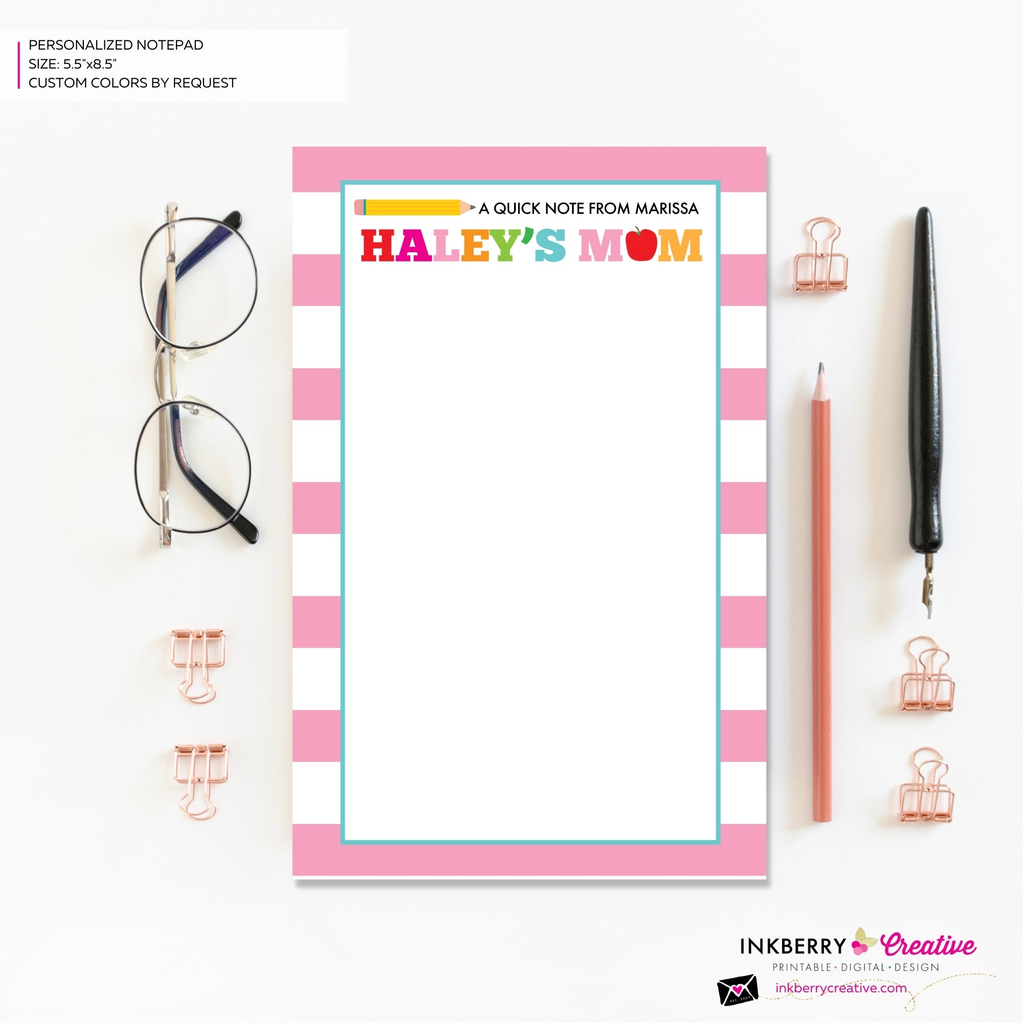Personalized Parent Teacher School Notepad - Pink Stripe