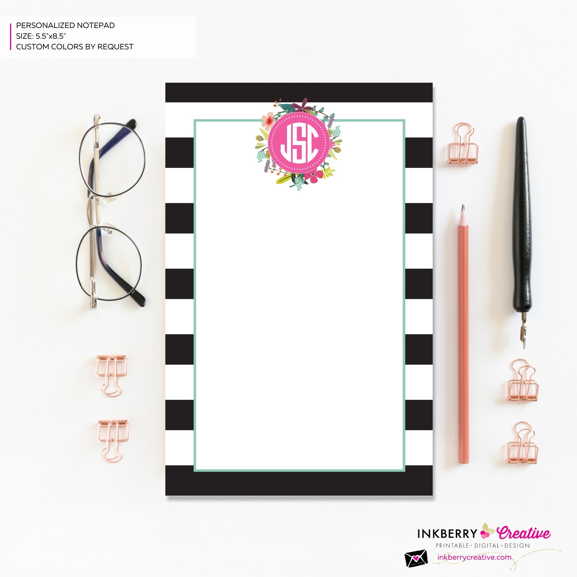 Personalized Notepad - Black and White Striped Floral