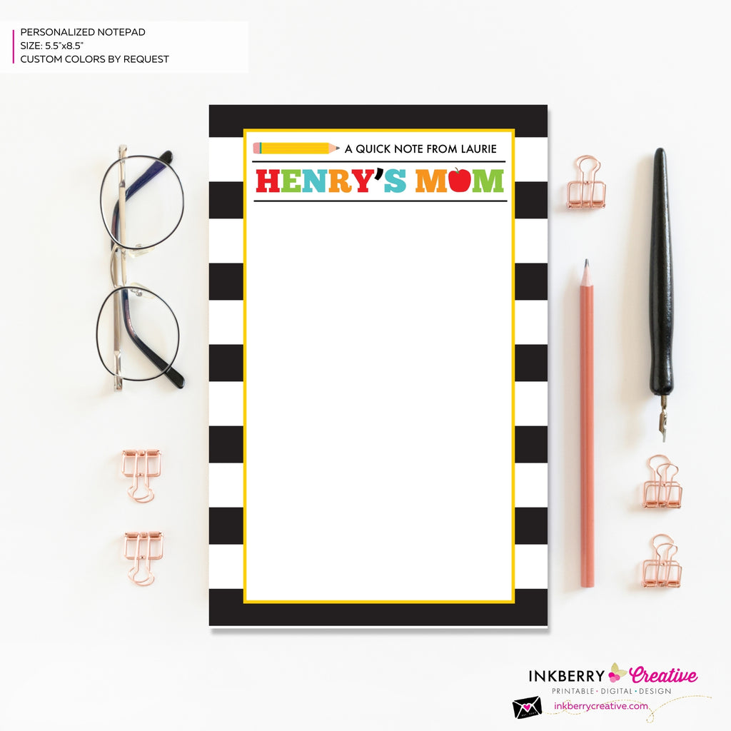 Personalized Parent Teacher School Notepad - Black and White Stripe