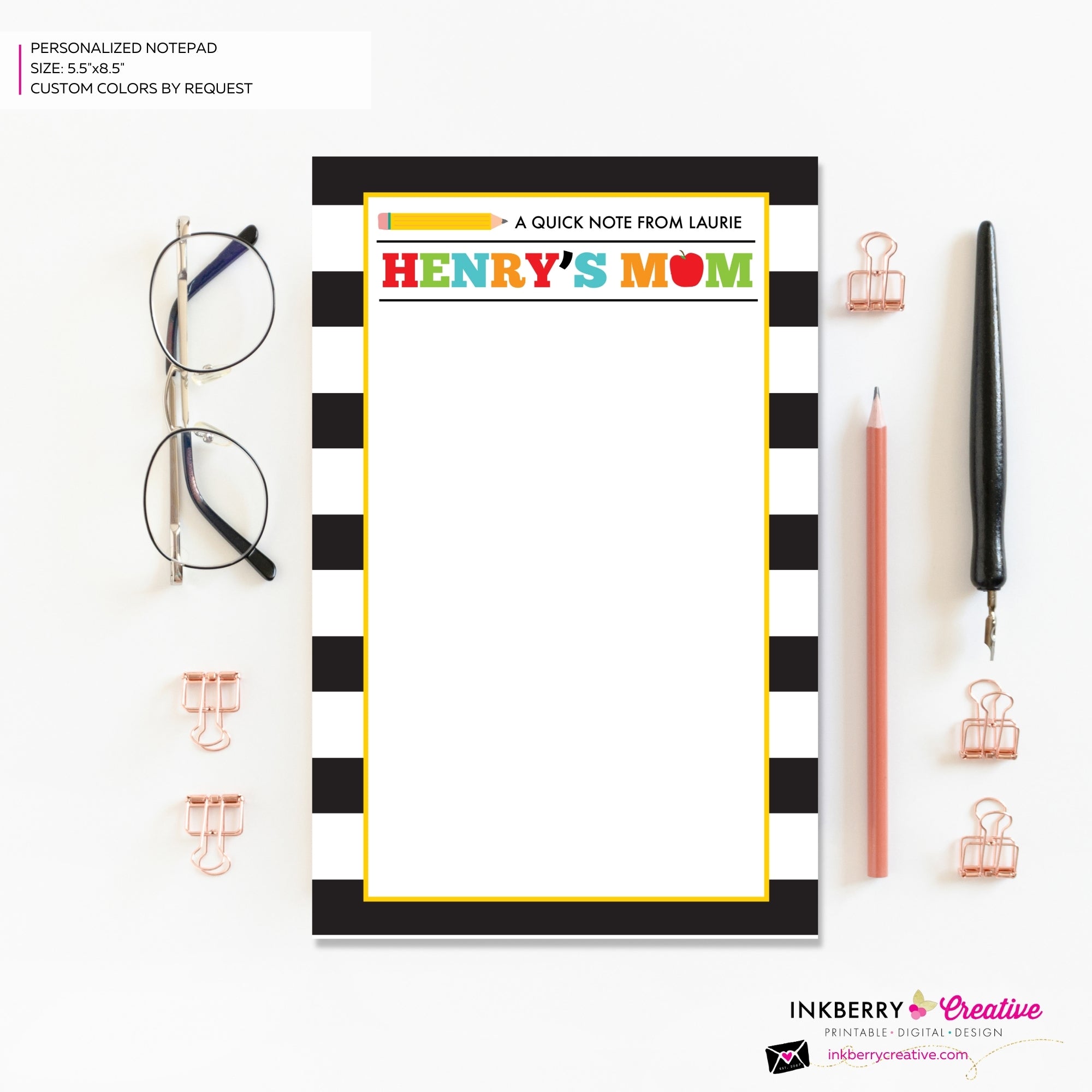 Personalized Parent Teacher School Notepad - Black and White Stripe