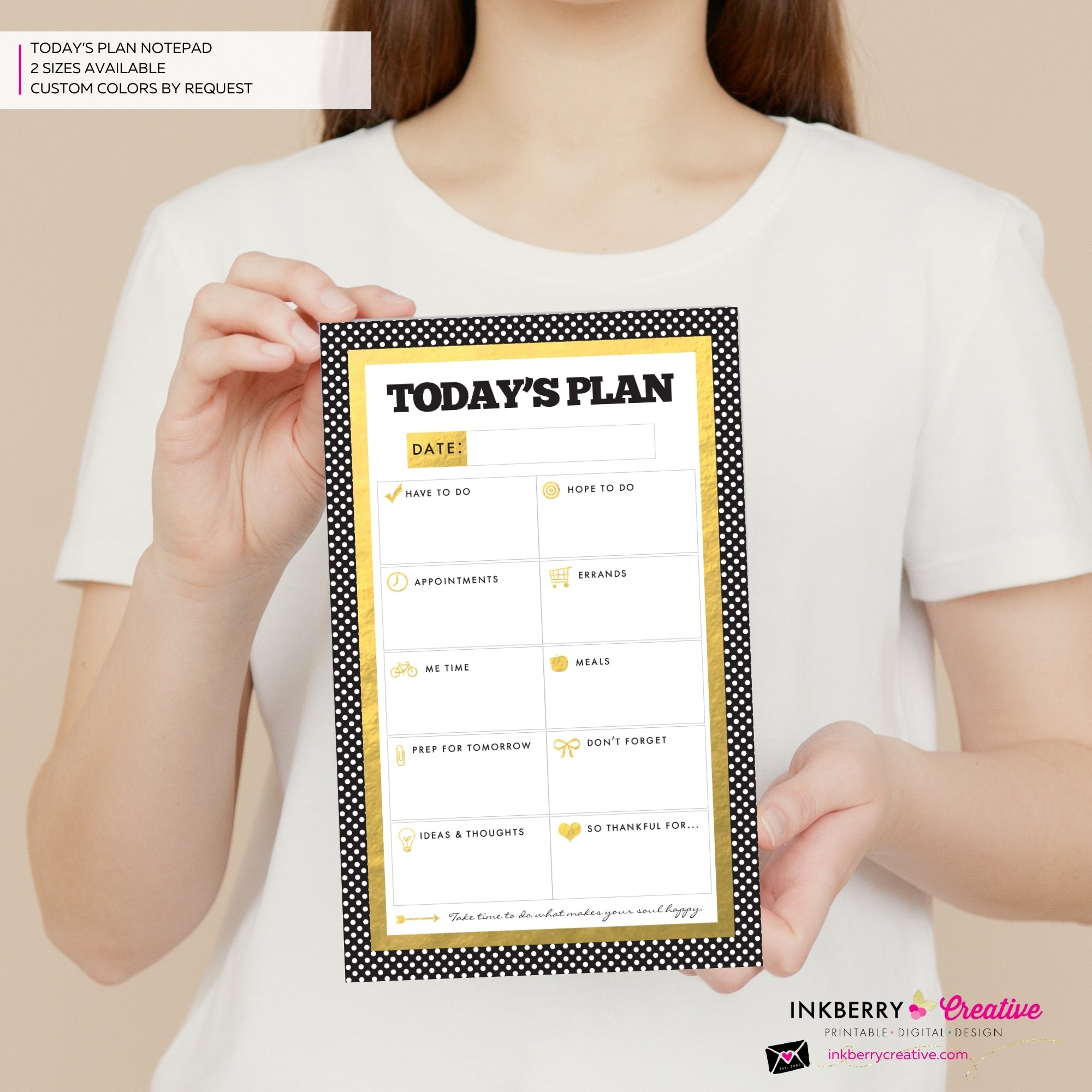 To Do List Notepad - Daily Planner Notepad - Gold, Black and White Dot