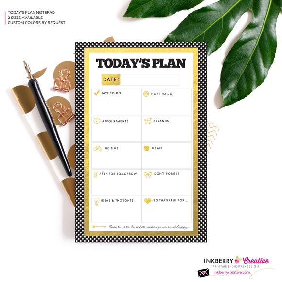 To Do List Notepad - Daily Planner Notepad - Gold, Black and White Dot