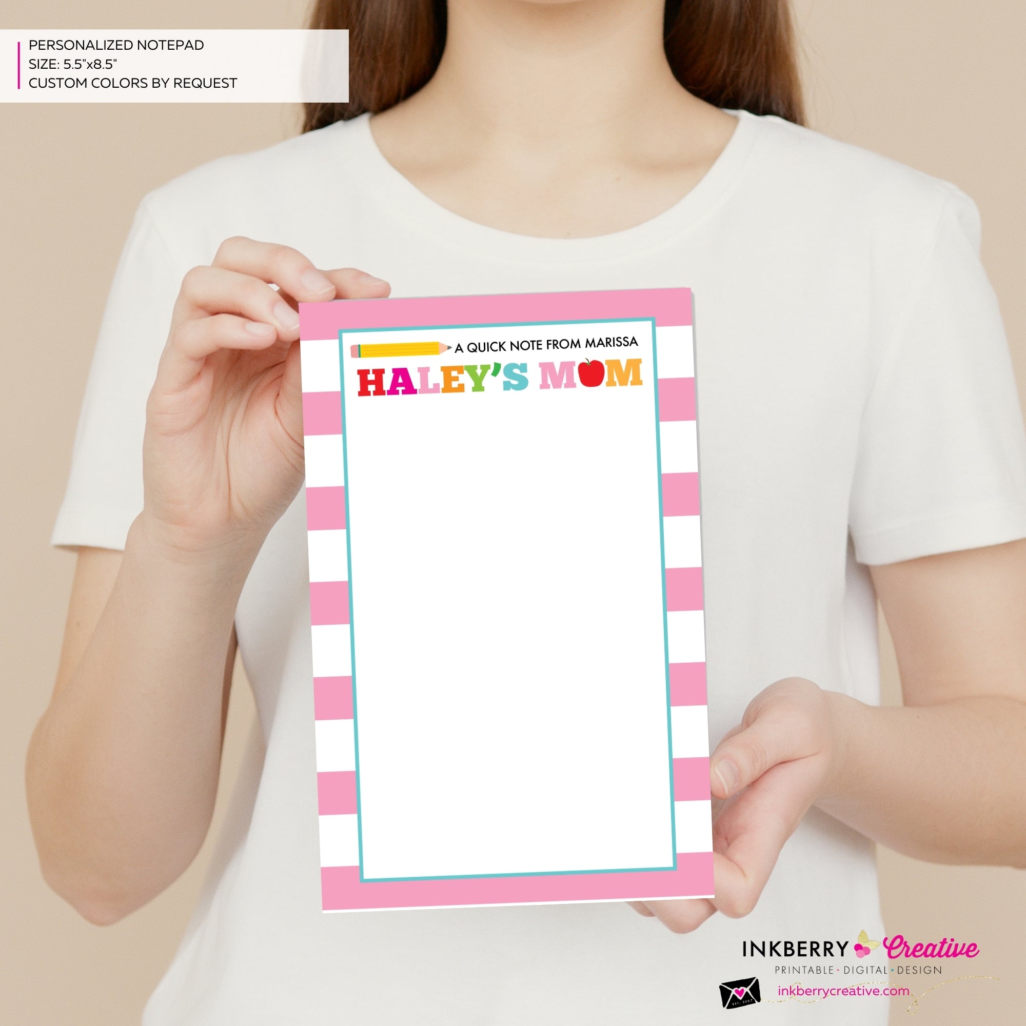 Personalized Parent Teacher School Notepad - Pink Stripe