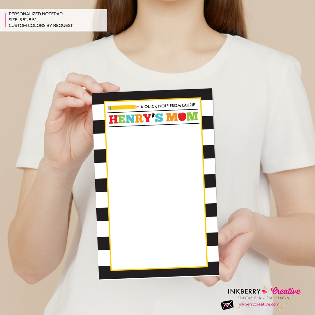 Personalized Parent Teacher School Notepad - Black and White Stripe