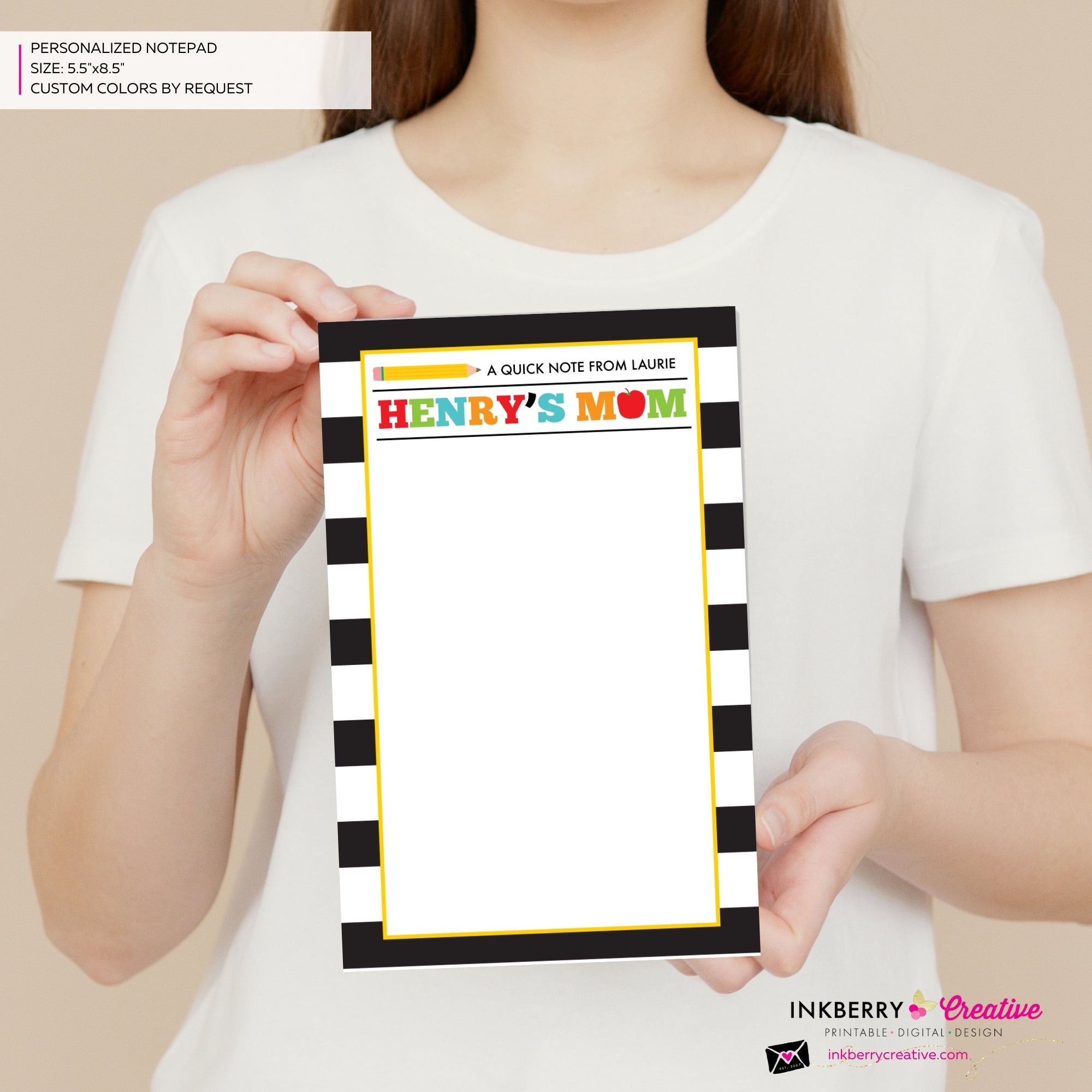 Personalized Parent Teacher School Notepad - Black and White Stripe