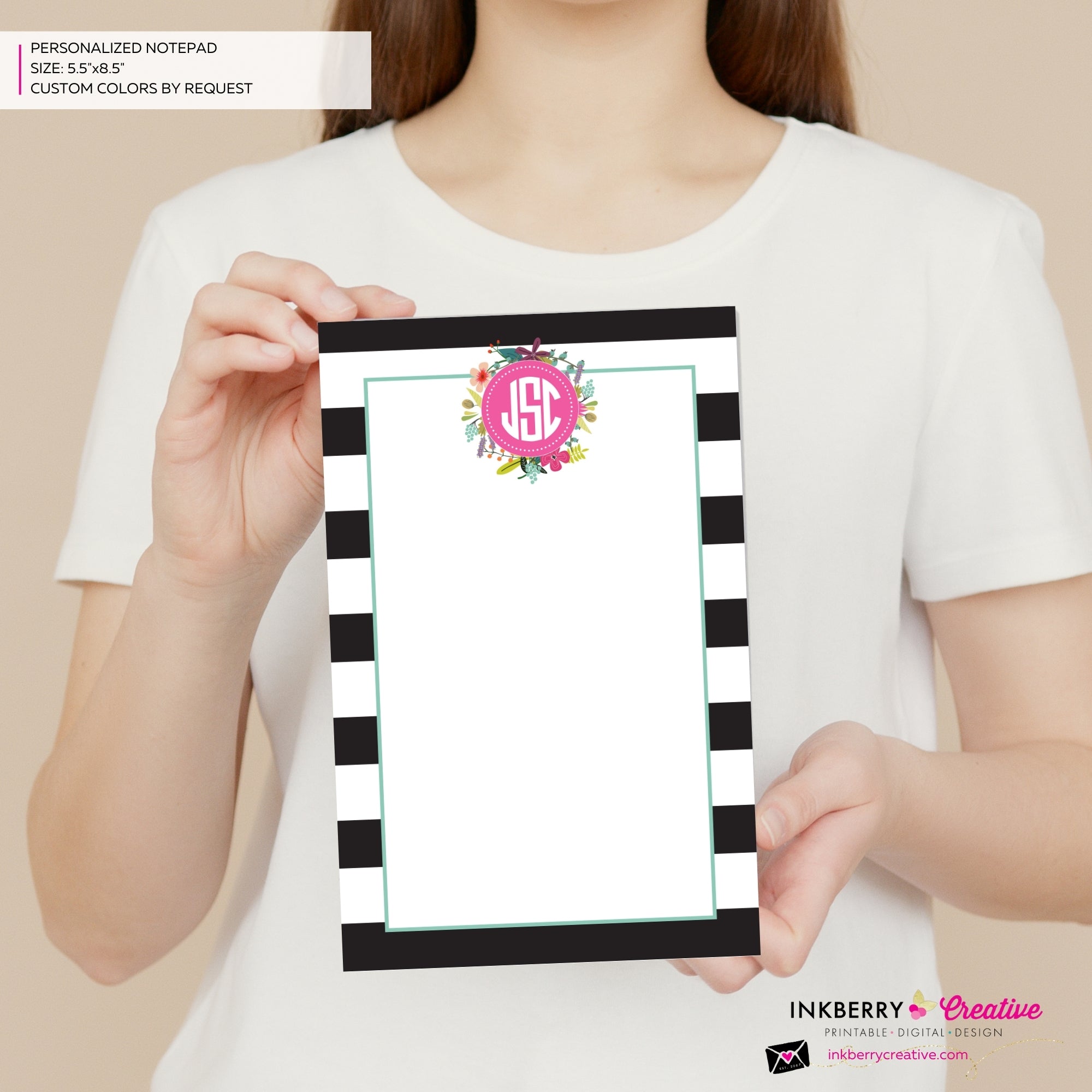 Personalized Notepad - Black and White Striped Floral