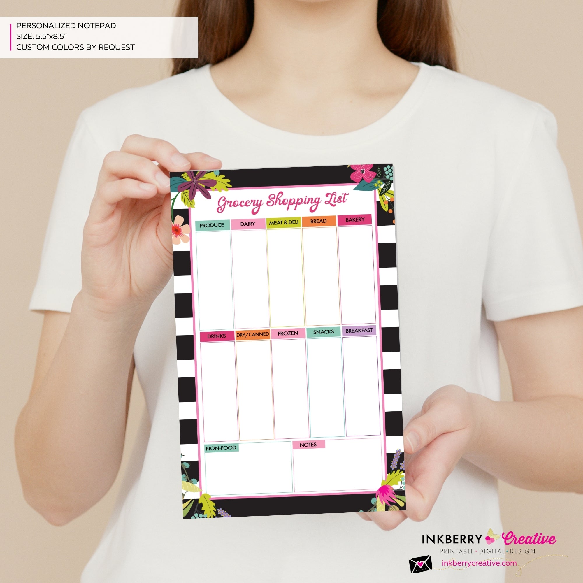Grocery Shopping List Notepad - Black and White Striped Floral