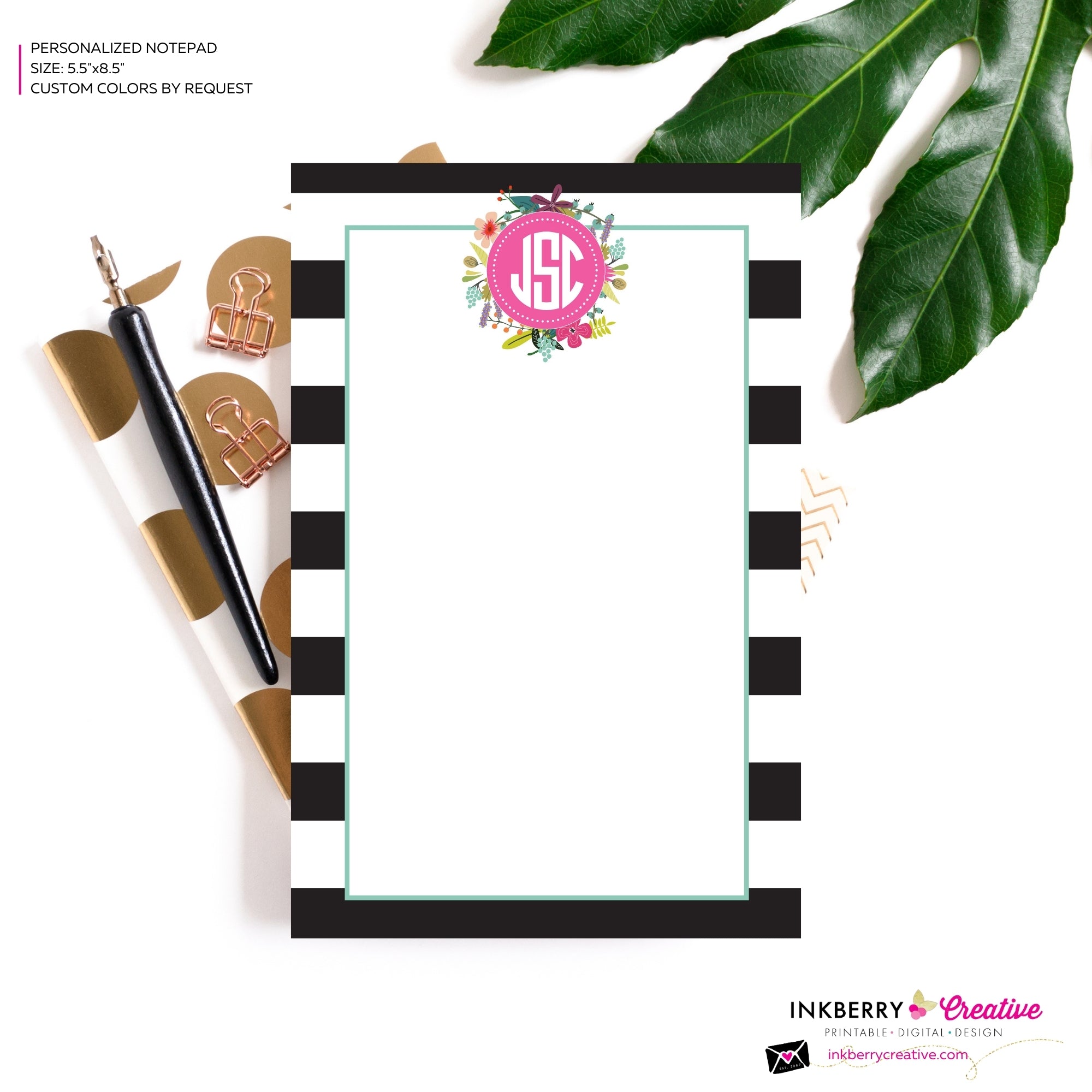 Personalized Notepad - Black and White Striped Floral