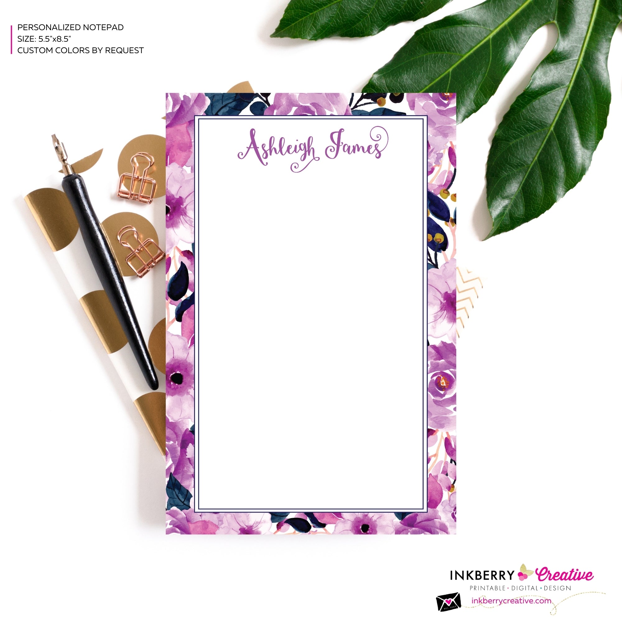 Personalized Notepad - Purple Navy Floral