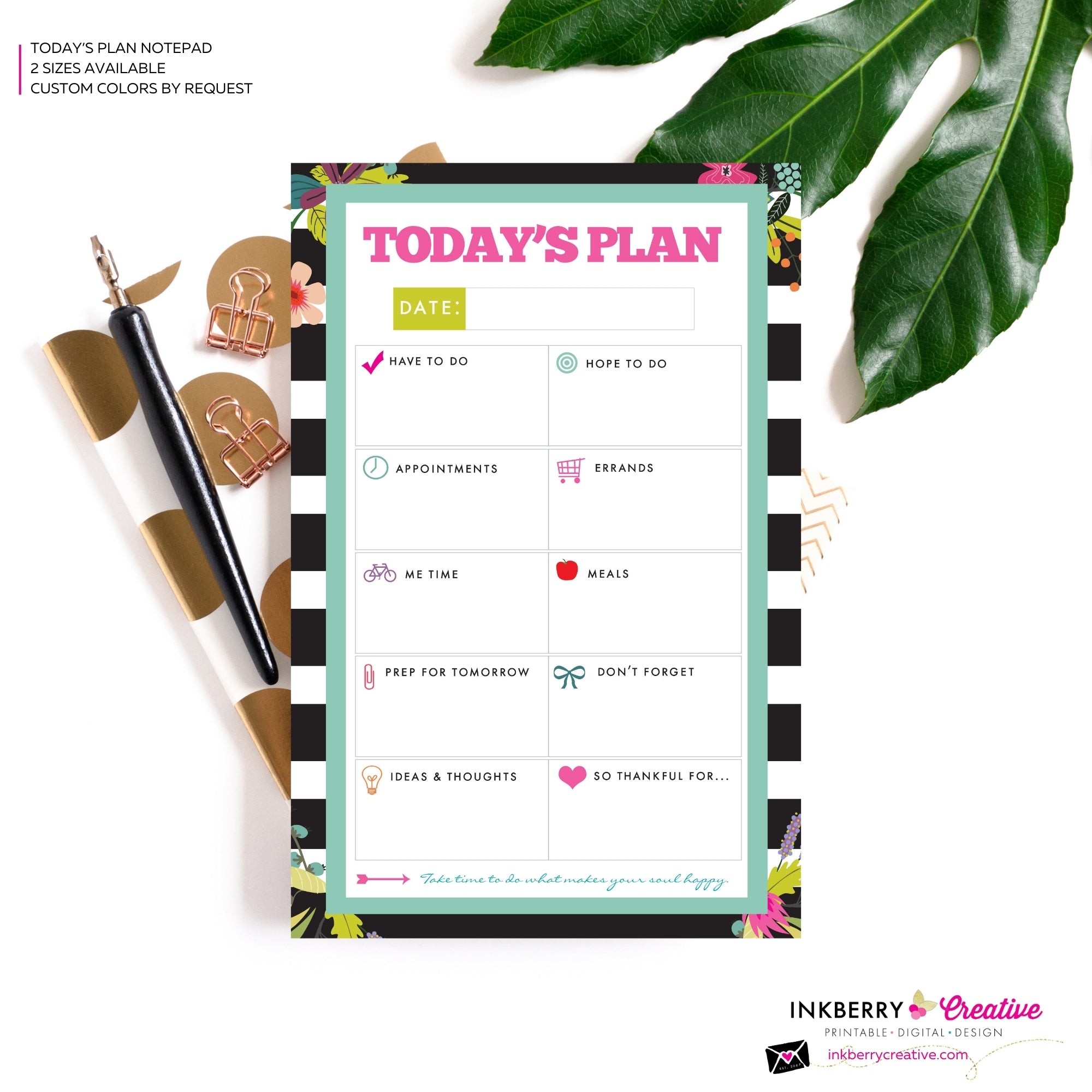 To Do List Notepad - Today's Plan - Daily Planner Notepad - Black and White Striped Floral