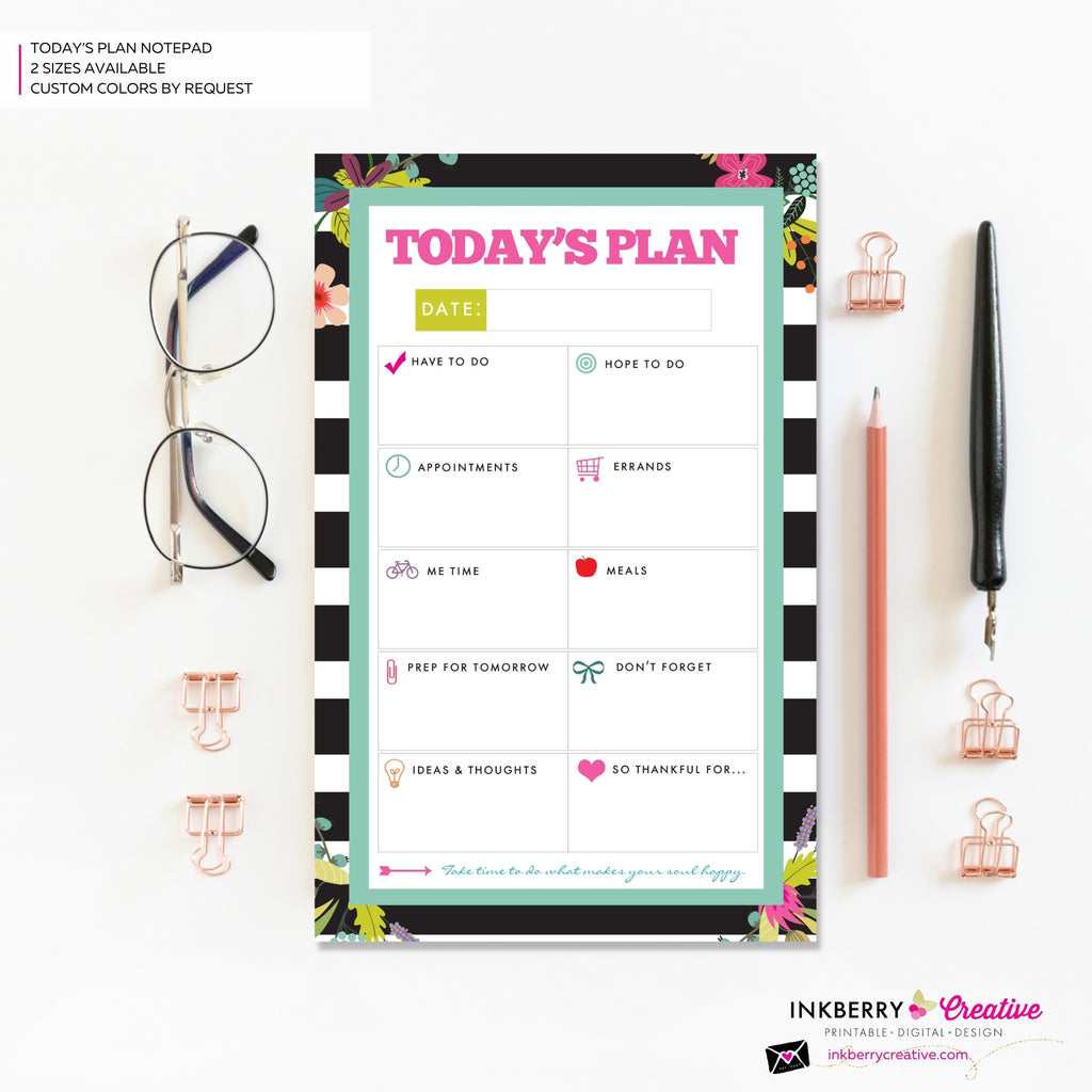 To Do List Notepad - Today's Plan - Daily Planner Notepad - Black and White Striped Floral