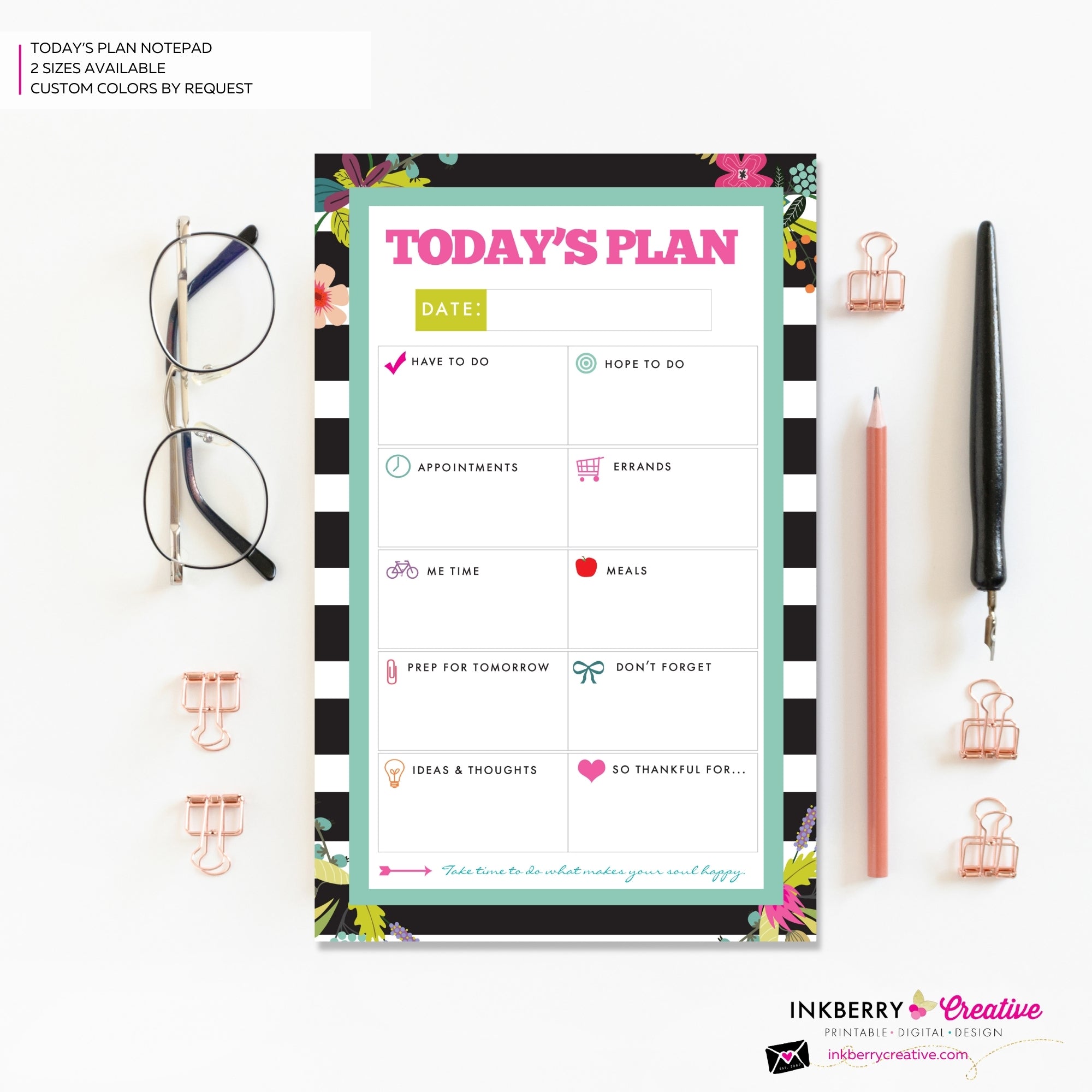 To Do List Notepad - Today's Plan - Daily Planner Notepad - Black and White Striped Floral