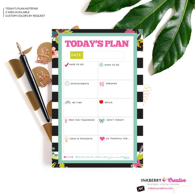To Do List Notepad - Today's Plan - Daily Planner Notepad - Black and White Striped Floral